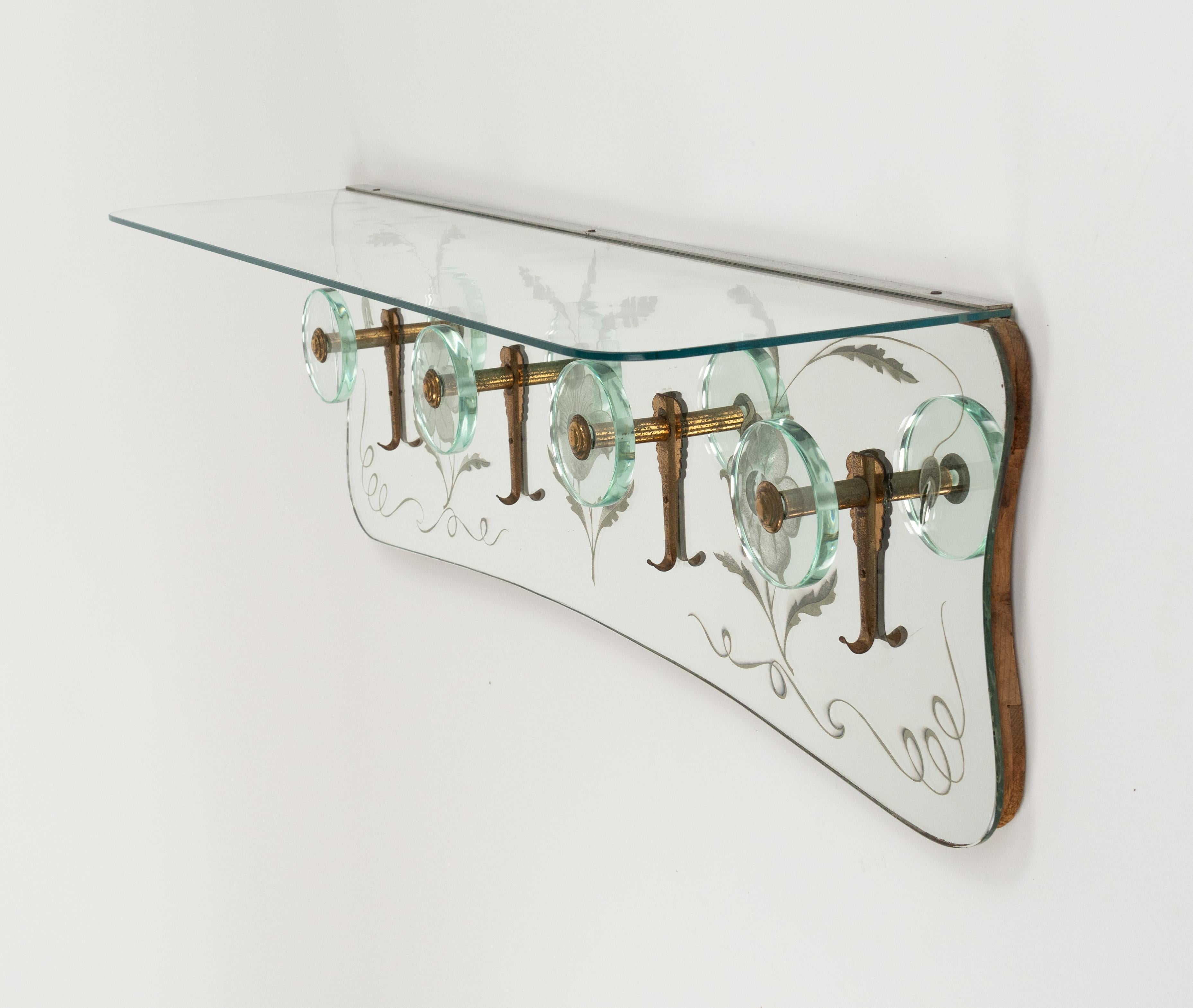 Midcentury Coat Rack Shelf in Mirror, Brass & Glass by Cristal Art, Italy, 1950s For Sale 9