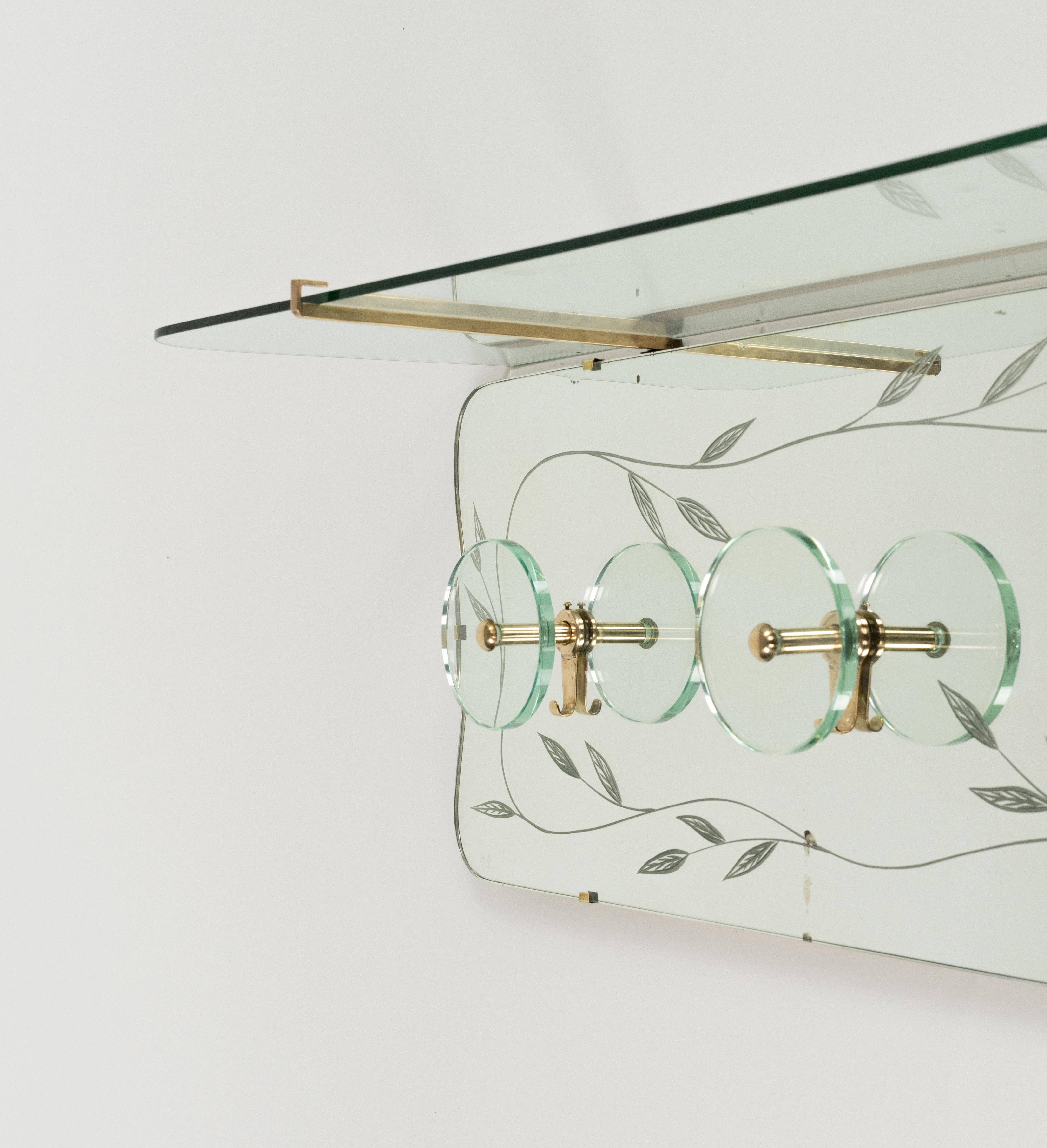 Midcentury Coat Rack Shelf in Mirror, Brass & Glass by Cristal Art, Italy, 1950s For Sale 9