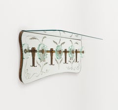 Midcentury Coat Rack Shelf in Mirror, Brass & Glass by Cristal Art, Italy, 1950s