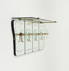 Midcentury Coat Rack Shelf in Mirror, Brass & Glass by Cristal Art, Italy, 1950s