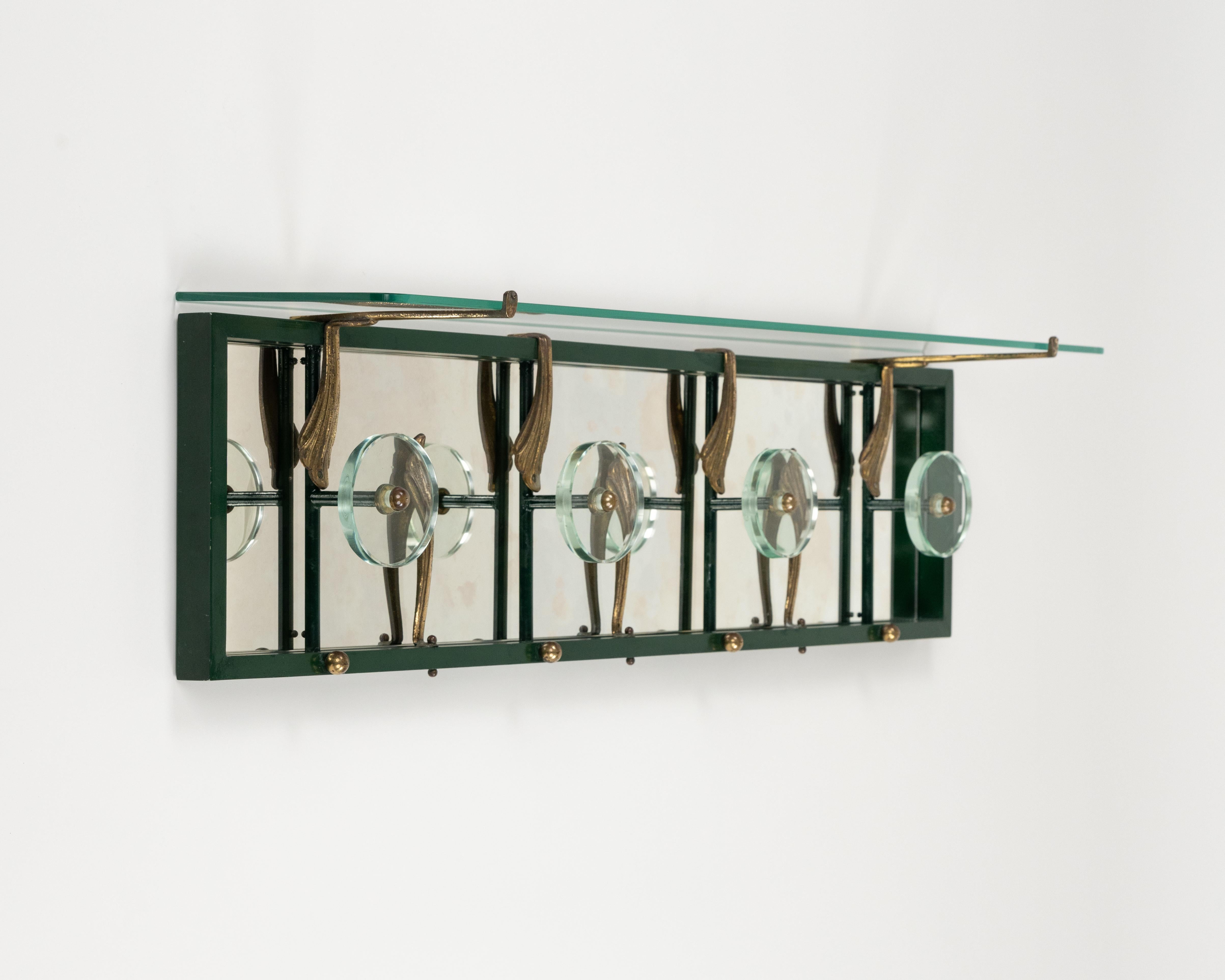 Mid-Century Modern Midcentury Coat Rack Shelf in Mirror, Brass & Glass by Cristal Art, Italy, 1950s For Sale