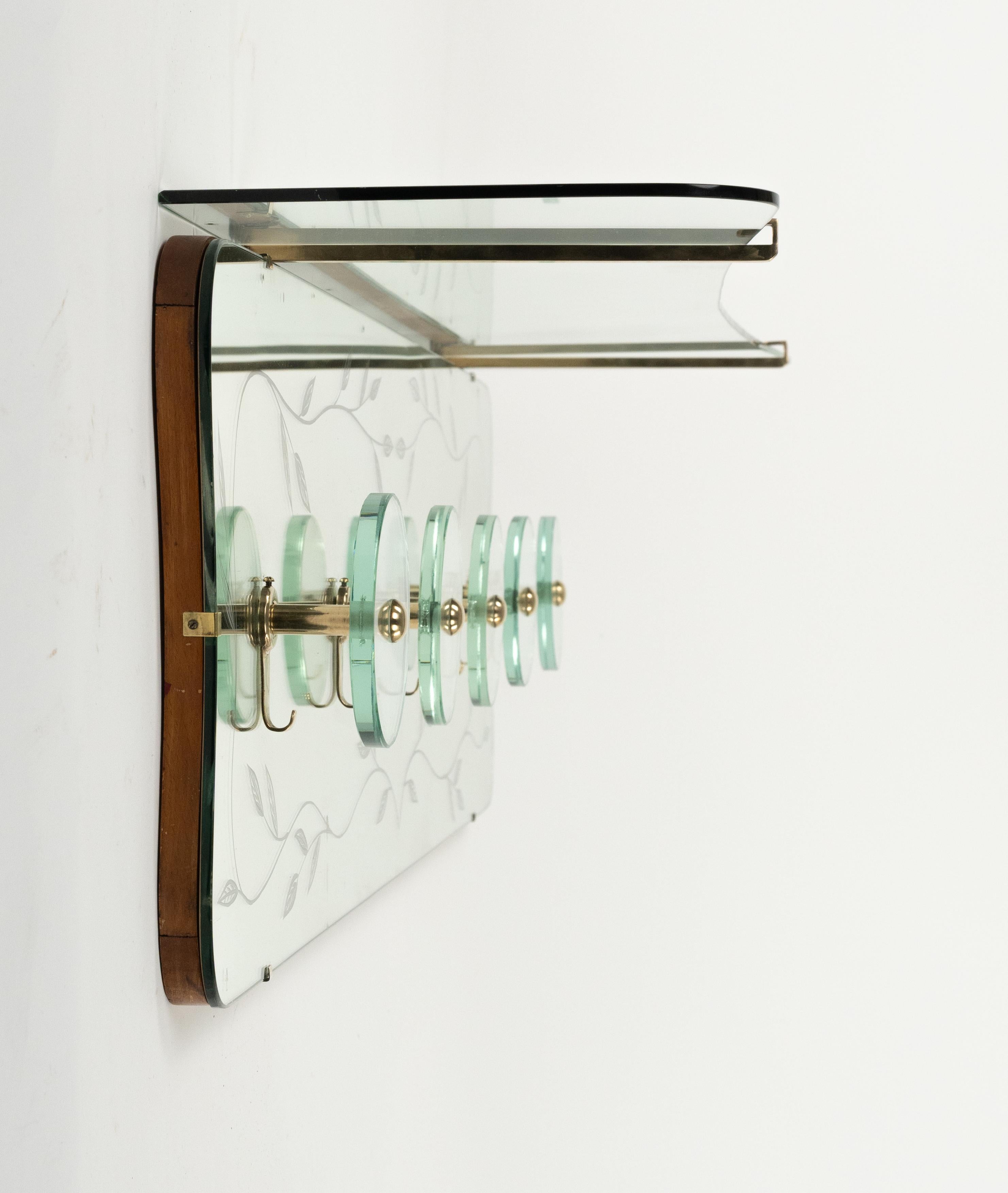 Mid-20th Century Midcentury Coat Rack Shelf in Mirror, Brass & Glass by Cristal Art, Italy, 1950s For Sale