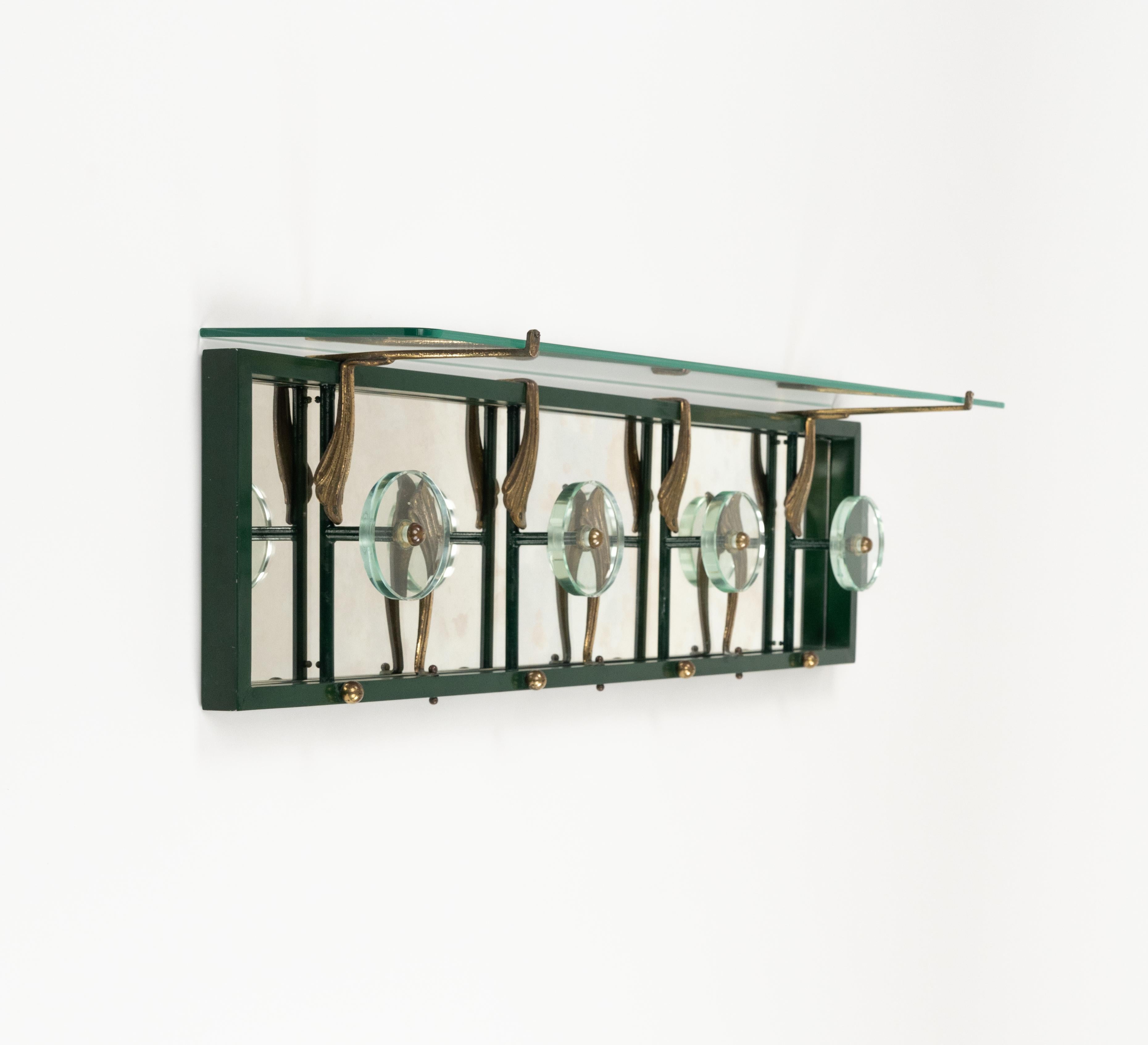 Metal Midcentury Coat Rack Shelf in Mirror, Brass & Glass by Cristal Art, Italy, 1950s For Sale