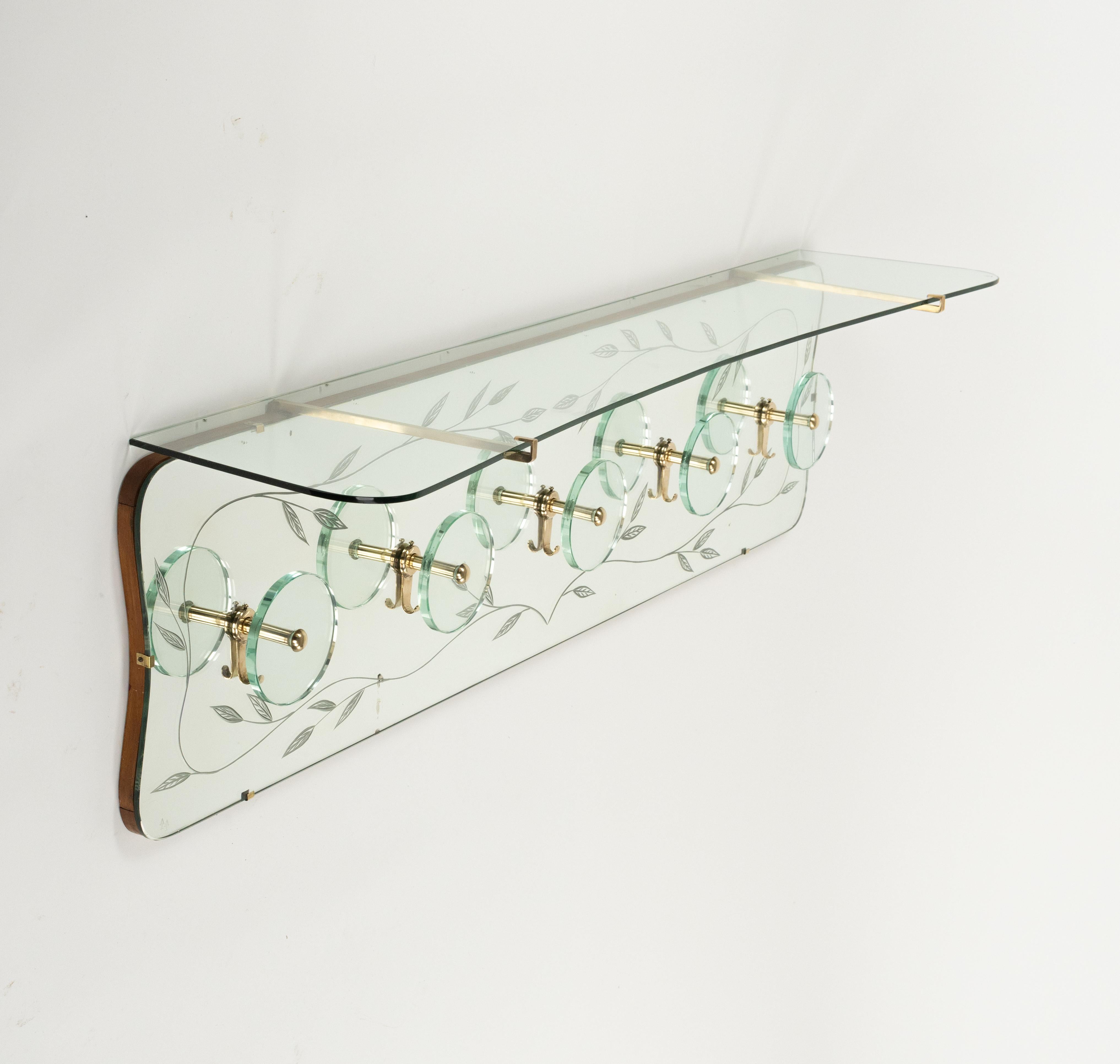 Midcentury Coat Rack Shelf in Mirror, Brass & Glass by Cristal Art, Italy, 1950s For Sale 1