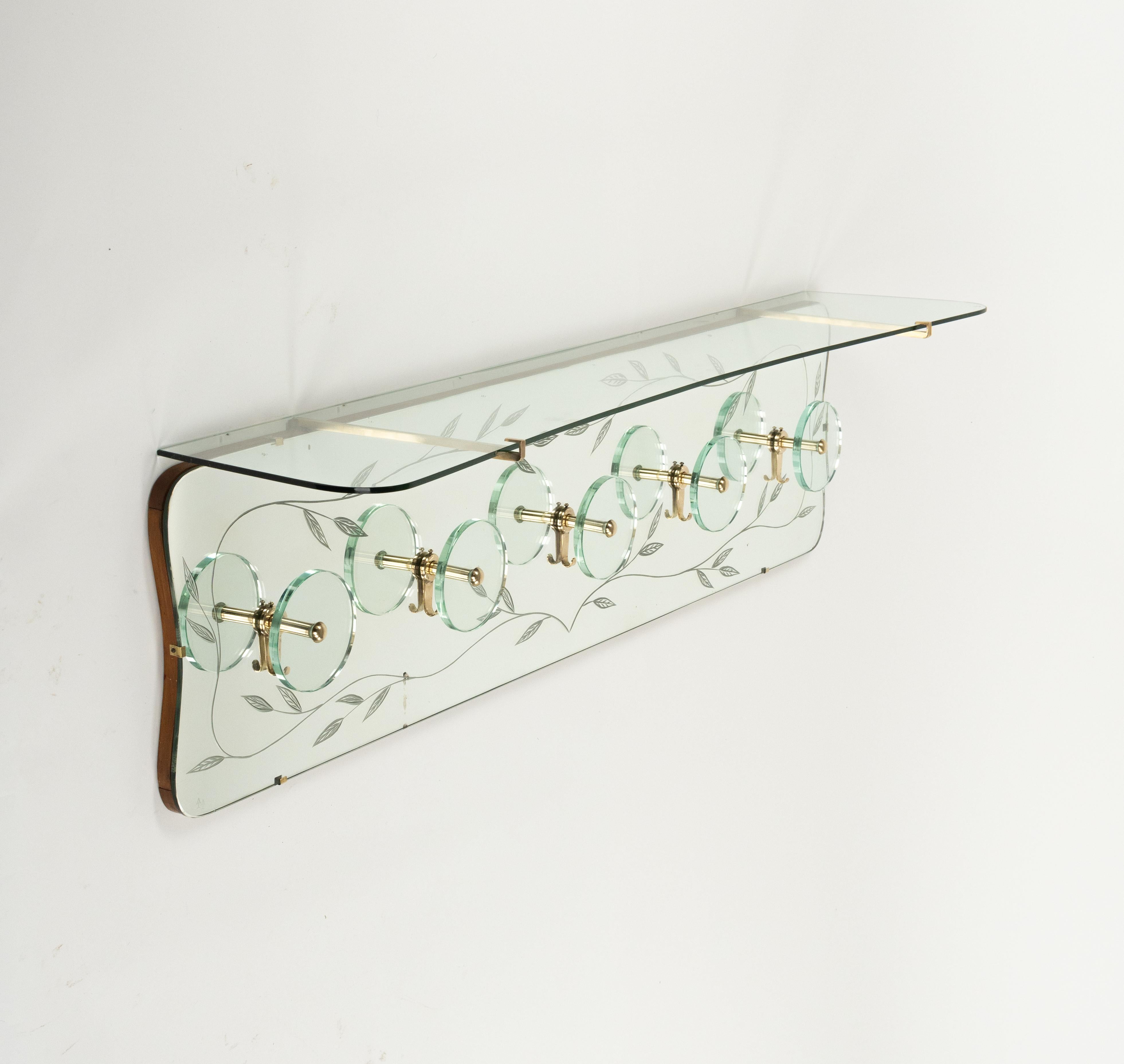 Midcentury Coat Rack Shelf in Mirror, Brass & Glass by Cristal Art, Italy, 1950s For Sale 2
