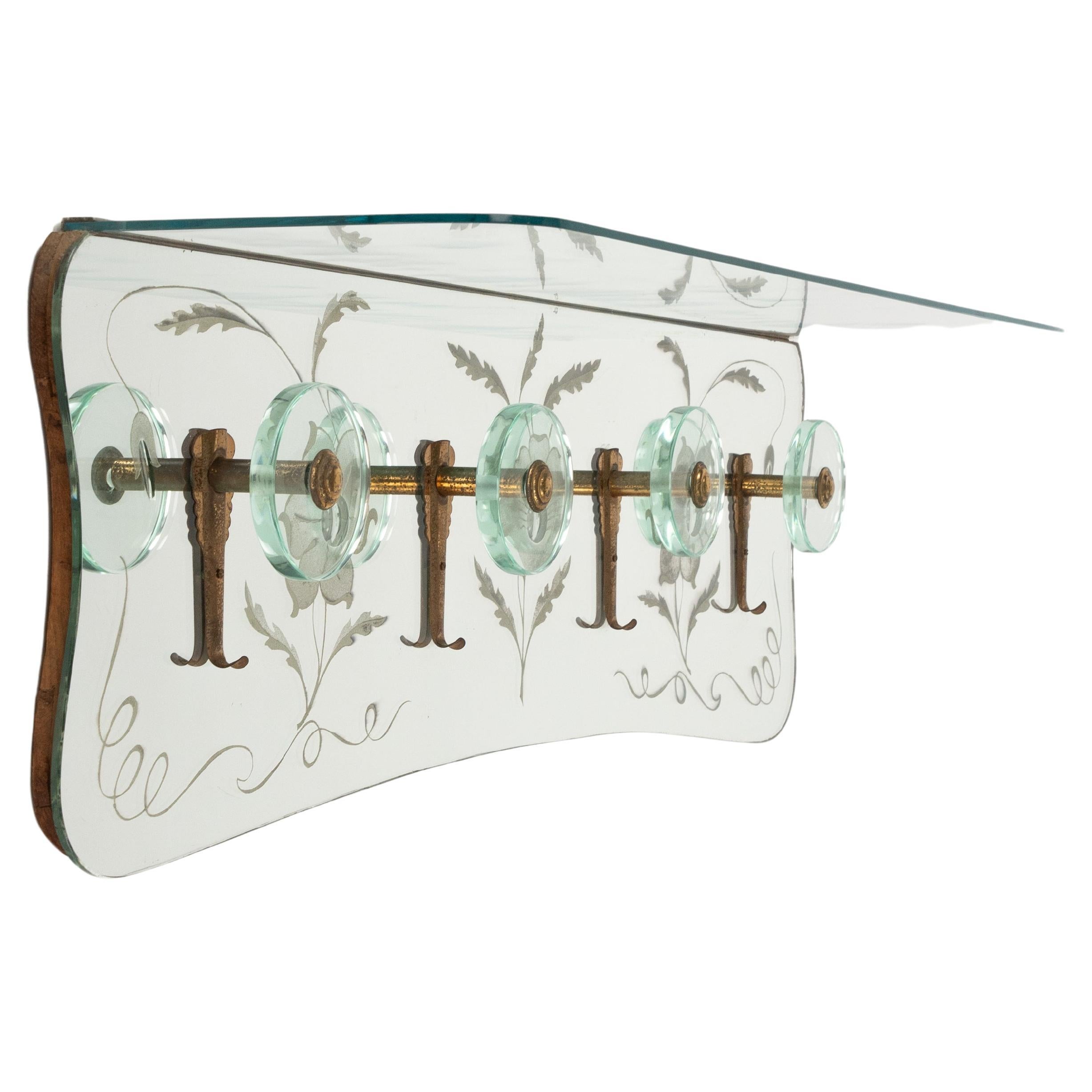 Midcentury Coat Rack Shelf in Mirror, Brass & Glass by Cristal Art, Italy, 1950s For Sale