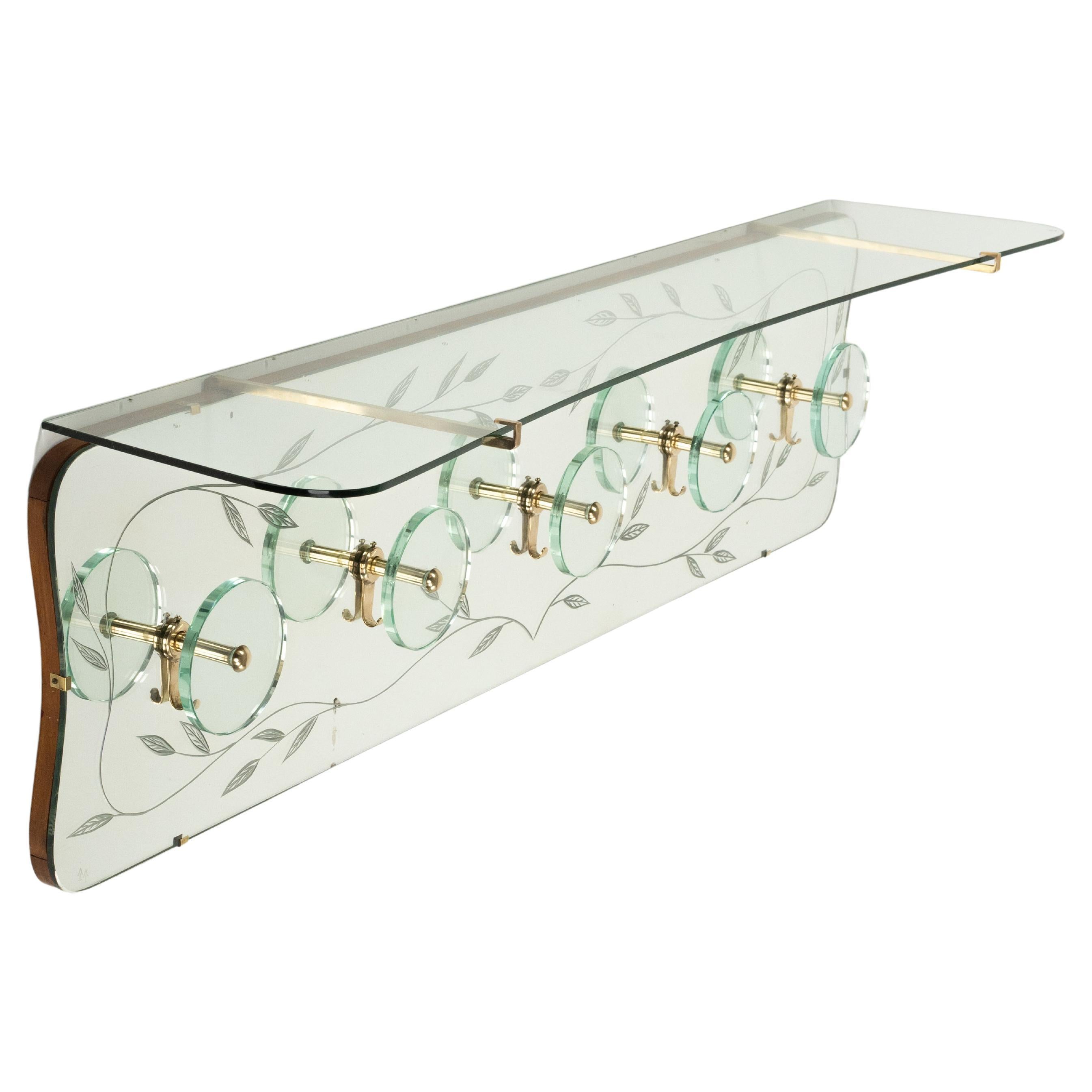 Midcentury Coat Rack Shelf in Mirror, Brass & Glass by Cristal Art, Italy, 1950s For Sale
