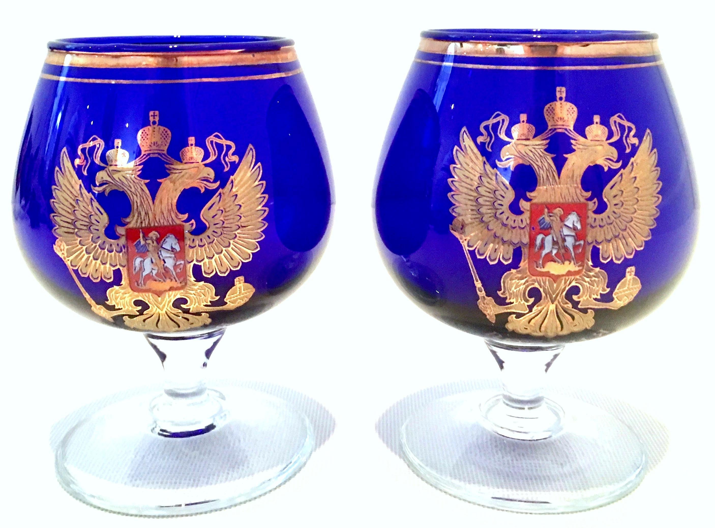 Mid-Century Cobalt & 22K Gold Coat of Arms Bohemia Glass Drinks Set of 11 In Good Condition In West Palm Beach, FL