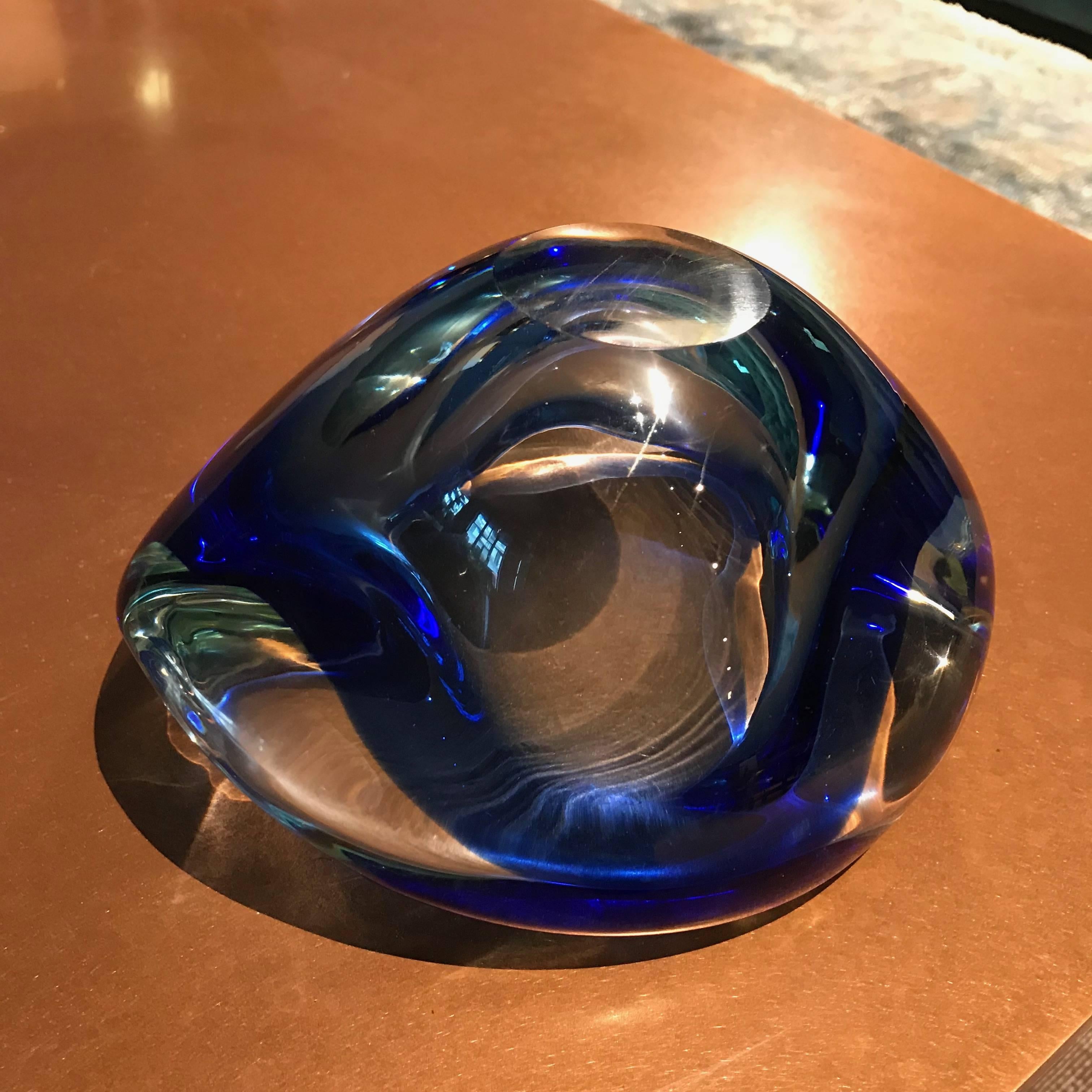 Hand-Crafted Midcentury Cobalt Blue Biomorphic Blown Murano Art Glass Bowl, 1950s, Italy