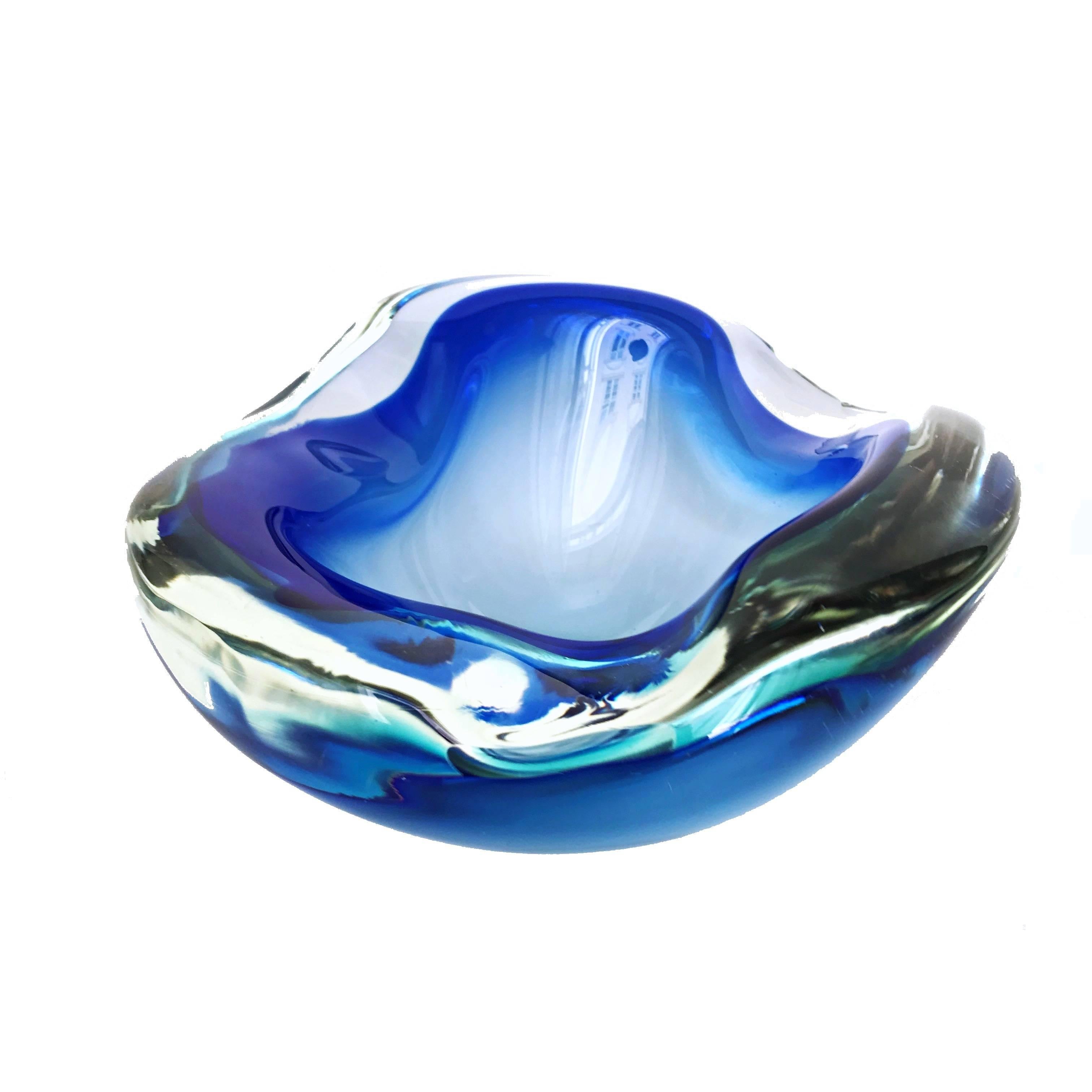 Midcentury Cobalt Blue Biomorphic Blown Murano Art Glass Bowl, 1950s, Italy