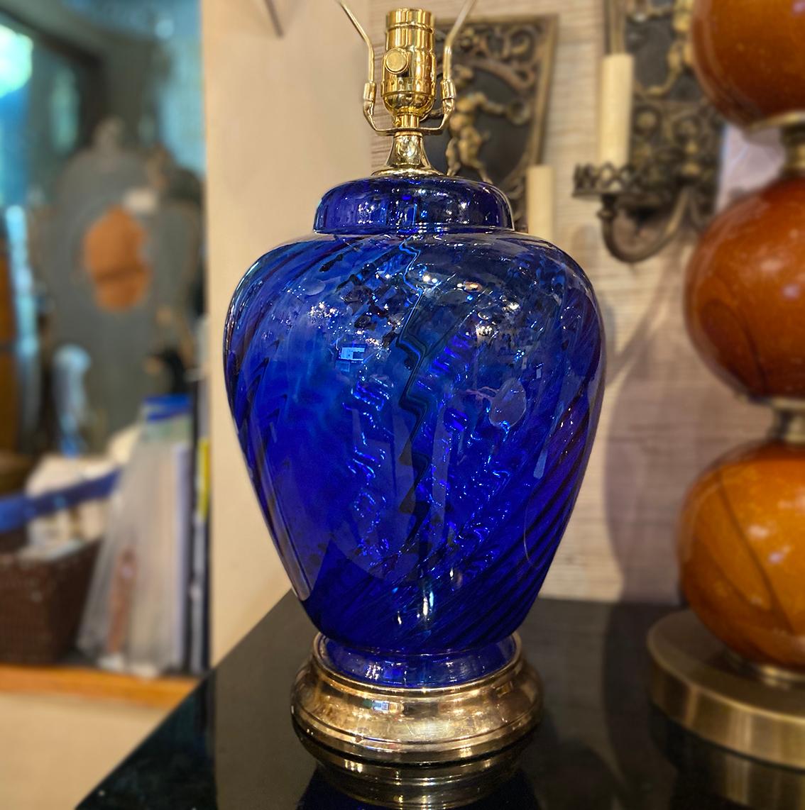 French Midcentury Cobalt Blue Glass Table Lamp For Sale