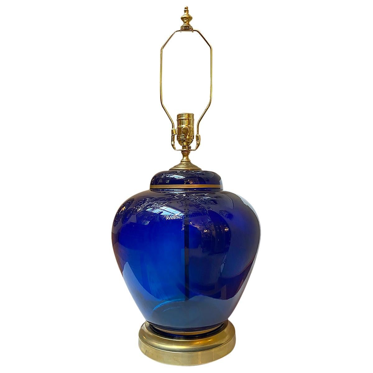 Midcentury Cobalt Blue Glass Table Lamp For Sale
