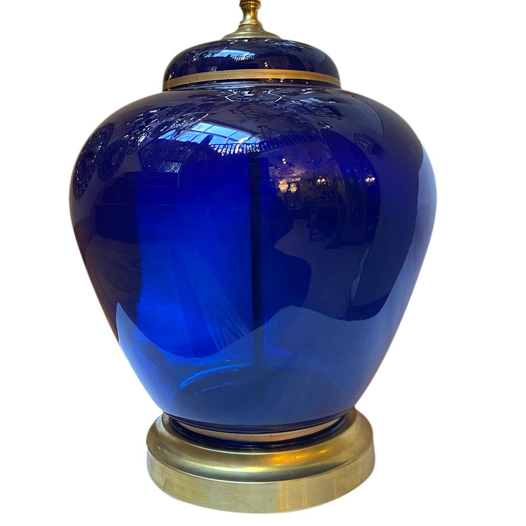 A single circa 1950's French blown cobalt blue glass table lamp.

Measurements:
Height of body: 14