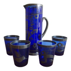 Midcentury Cobalt Blue Mixer Set with Aztec Motif, 5 Piece Set