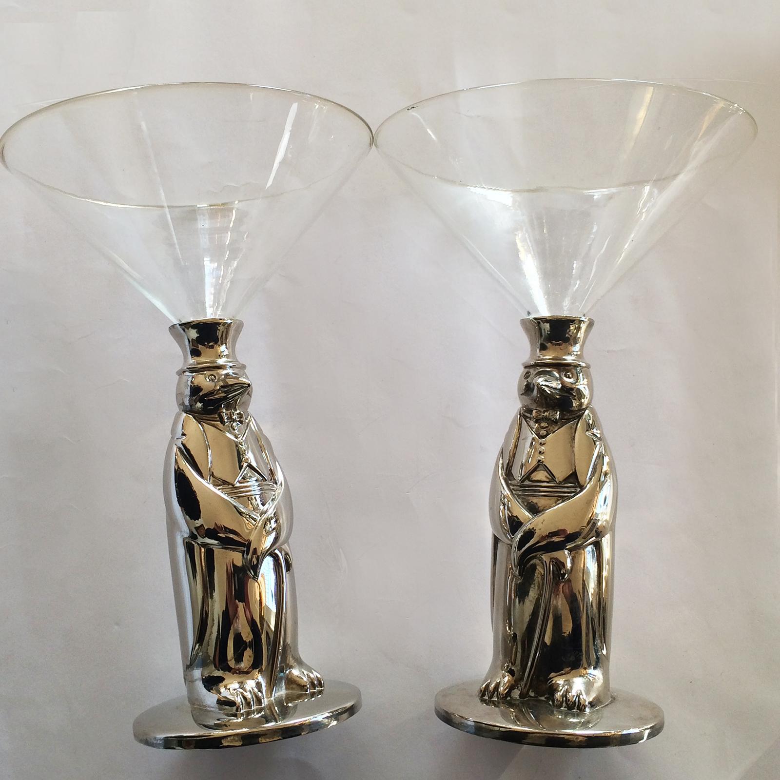 Art Deco Midcentury Cocktail Set, Penguin Shaker and Two Penguin Glasses