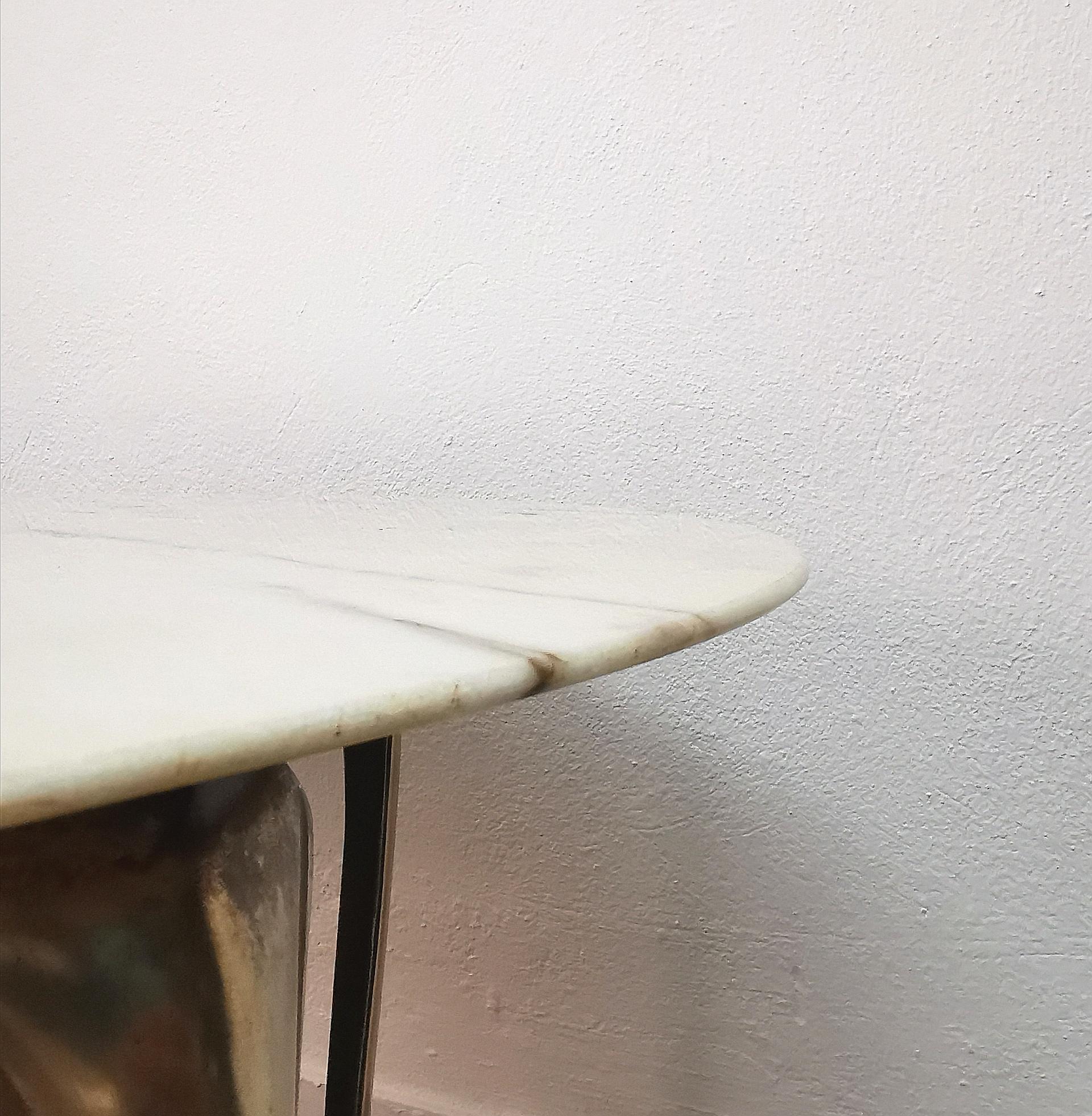 Midcentury Coffee Cocktail Table Brass White Marble Oval Italian Design 1950s 4