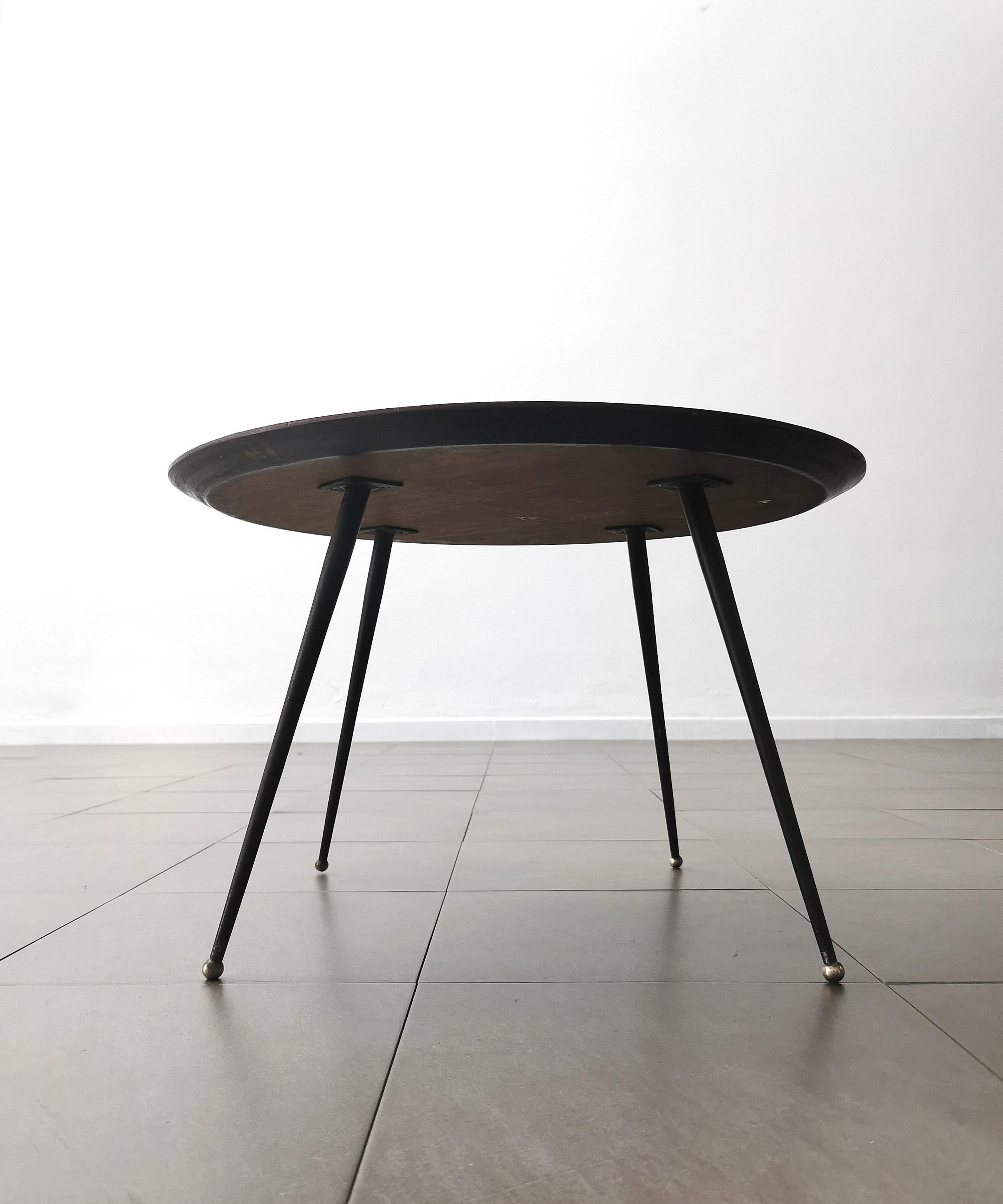 Coffee Table Wood Metal Brass Round Midcentury Modern Italian Design 1960s For Sale 3