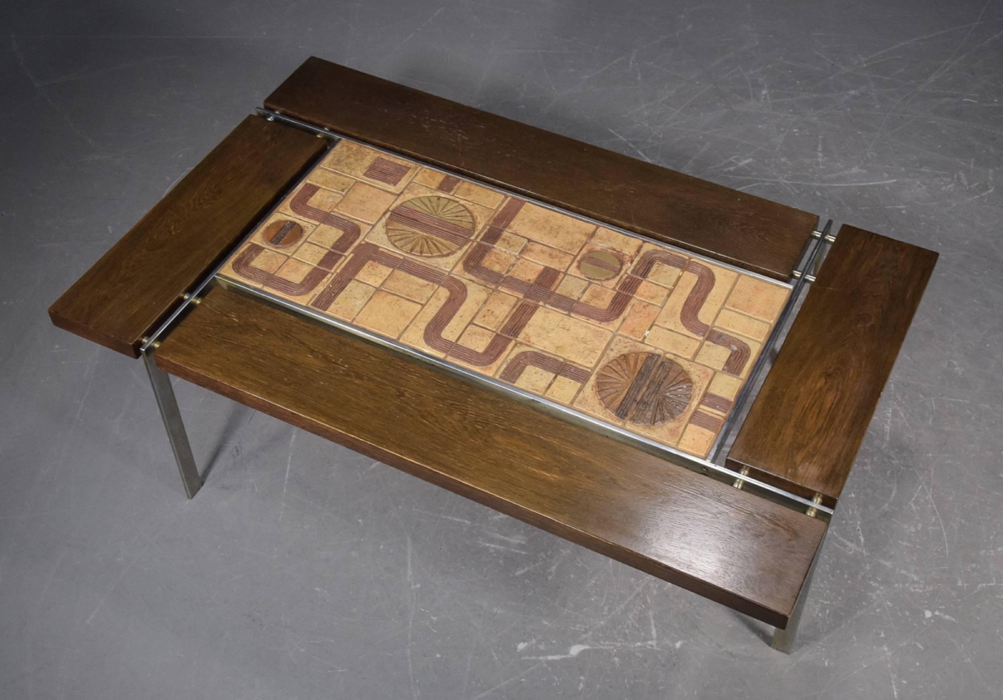 Midcentury tile, wood and stainless steel coffee table by Svend Aage Jessen & Sejer Pottery for Ryesberg Møbler. Tiles signed by Sejer Keramik.