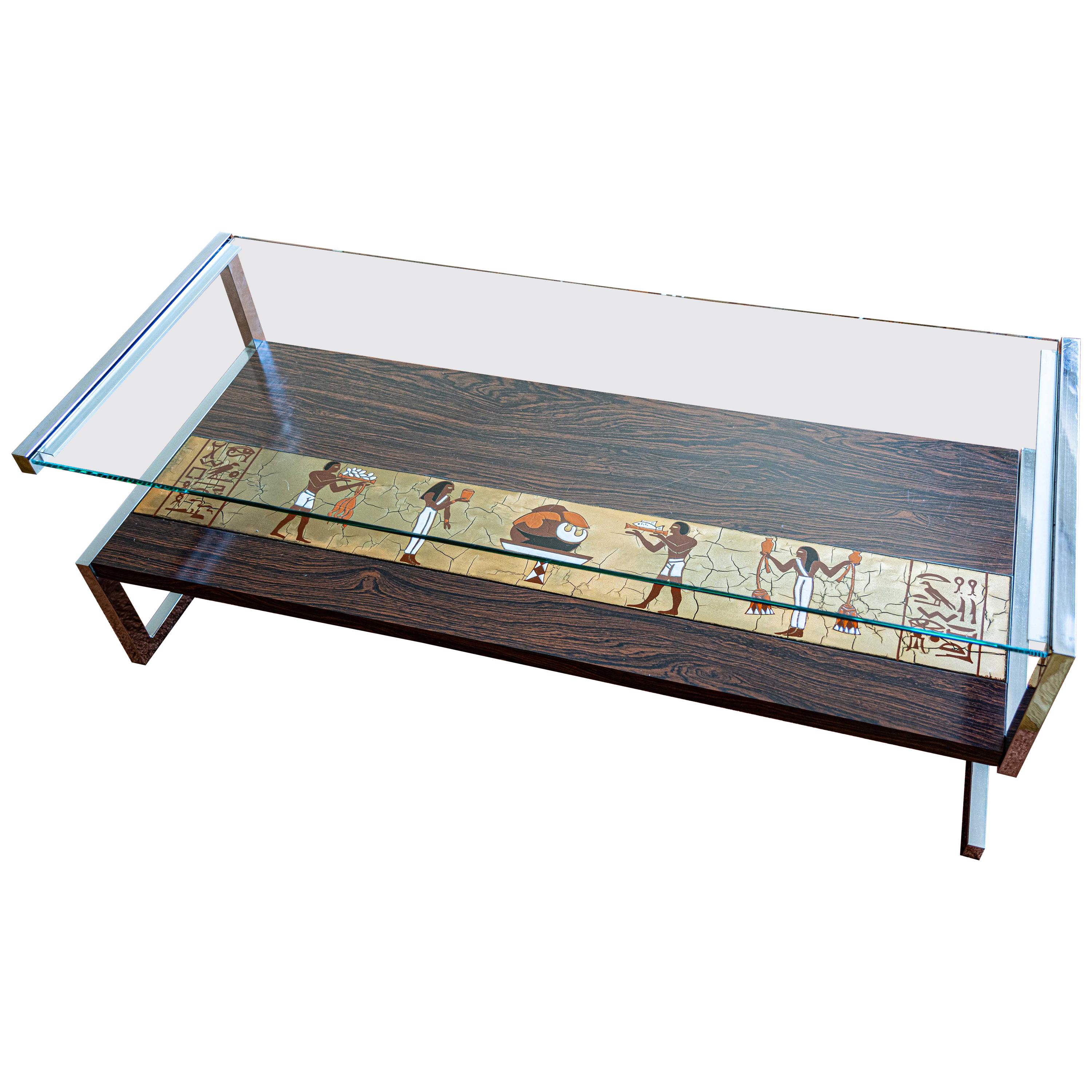 Midcentury Coffee Table Egyptian Motifs Tiles on Rosewood Support, Steel & Glass For Sale