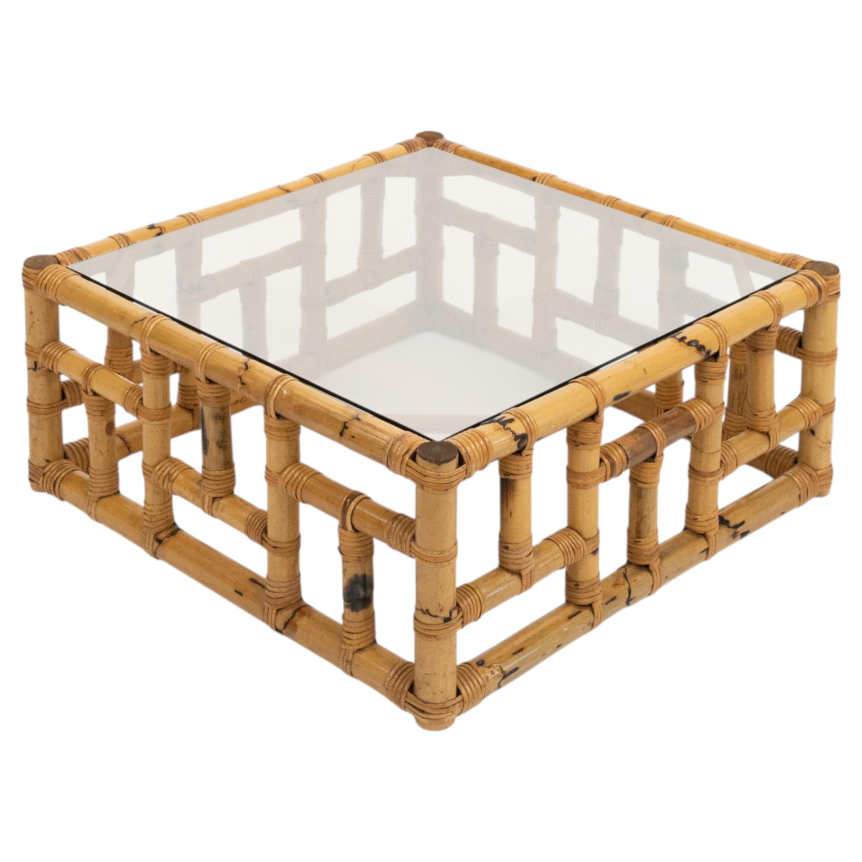 Midcentury Coffee Table in Bamboo, Rattan & Glass by Vivai Del Sud, Italy 1970s For Sale