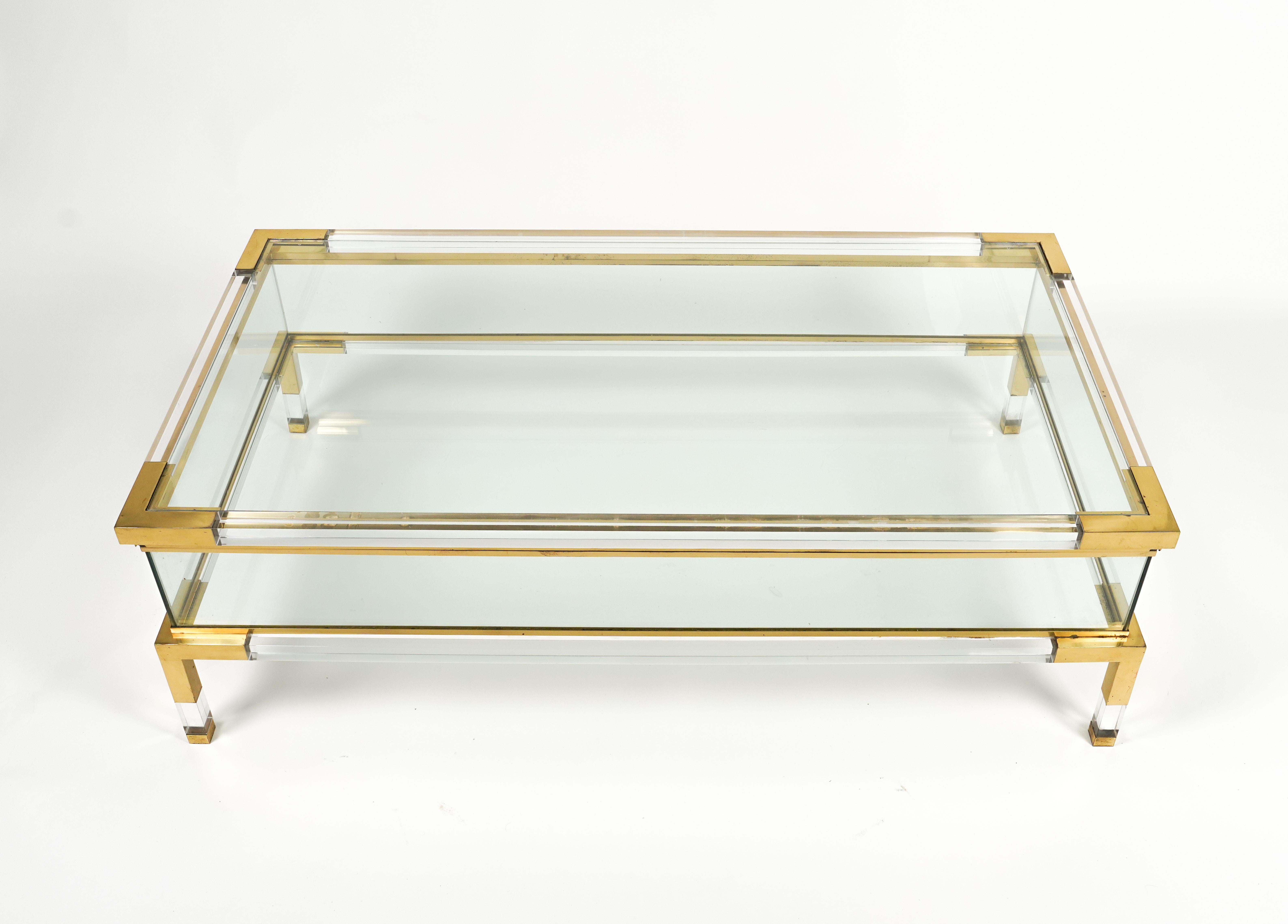 Midcentury Coffee Table in Lucite, Brass & Glass by Maison Jansen, France 1970s For Sale 3