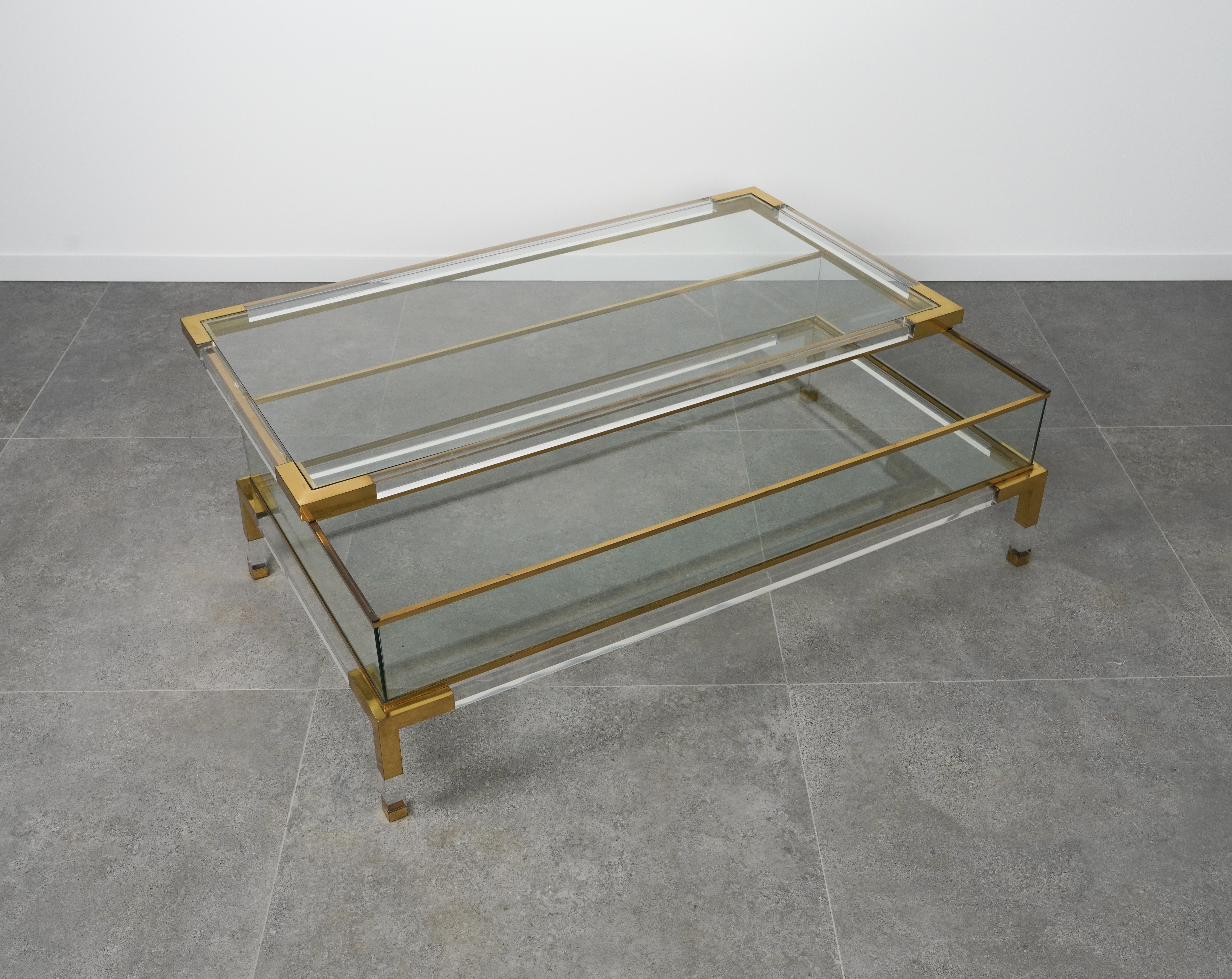 Late 20th Century Midcentury Coffee Table in Lucite, Brass & Glass by Maison Jansen, France 1970s For Sale