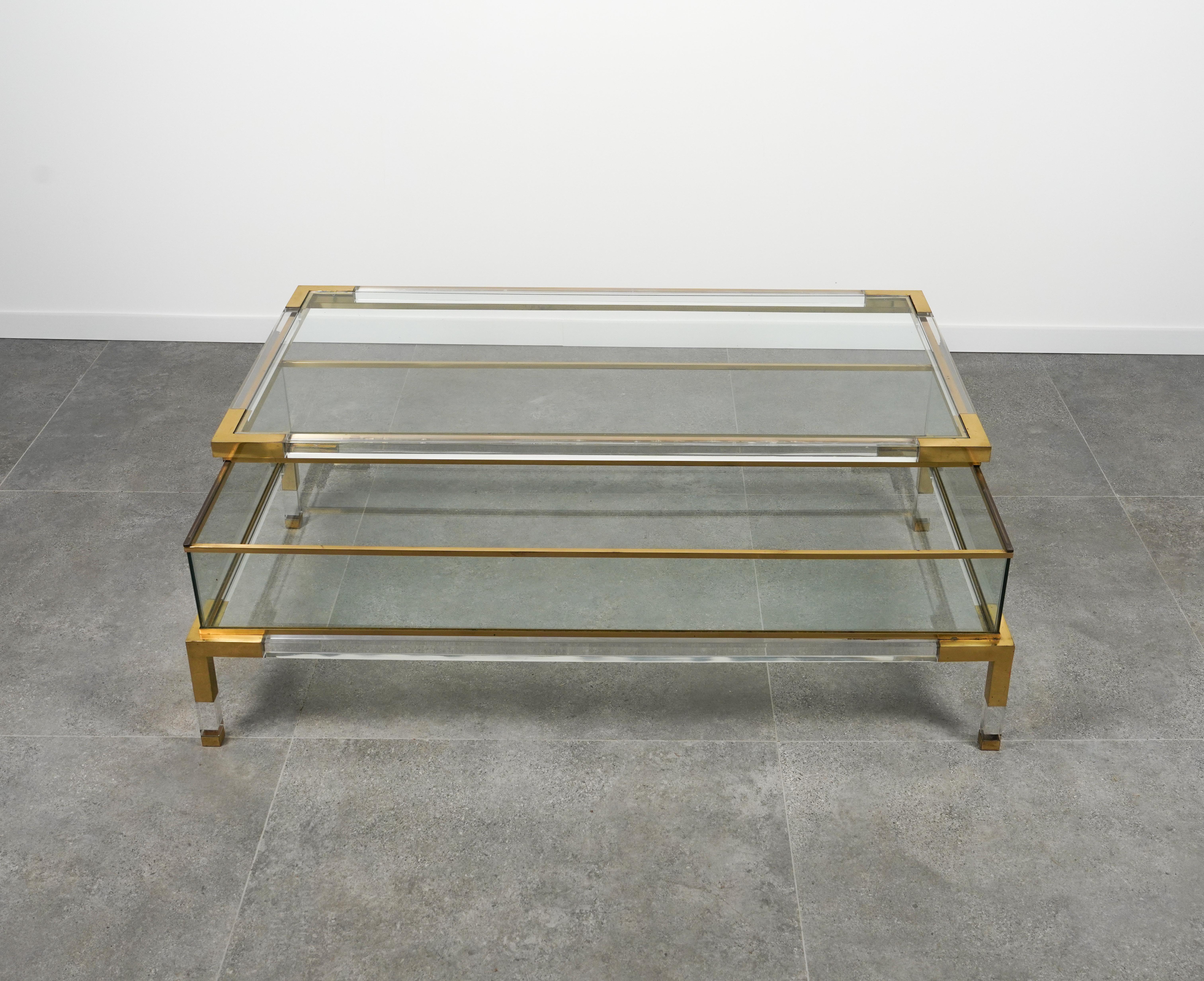 Midcentury Coffee Table in Lucite, Brass & Glass by Maison Jansen, France 1970s For Sale 1