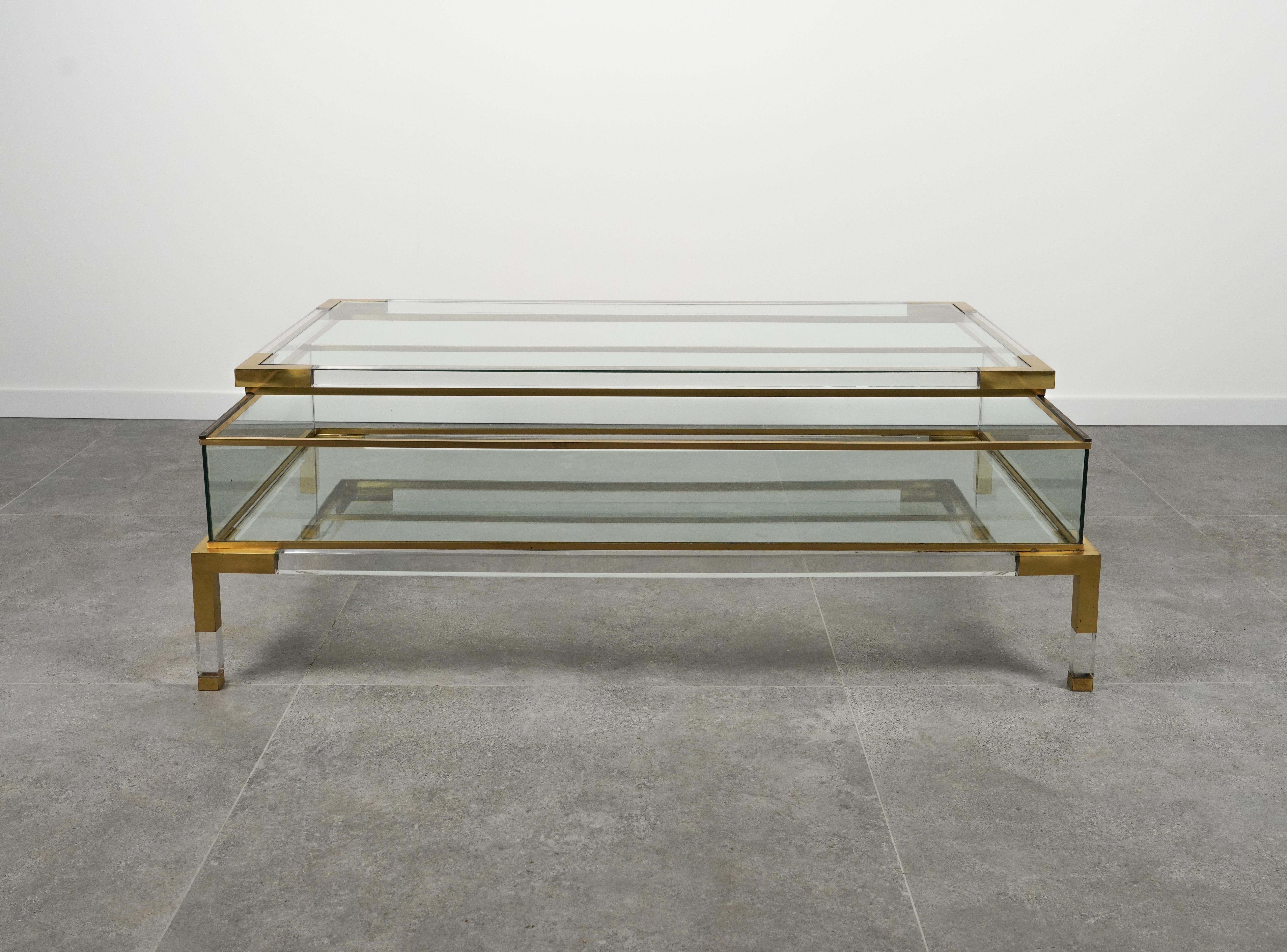 Midcentury Coffee Table in Lucite, Brass & Glass by Maison Jansen, France 1970s For Sale 2