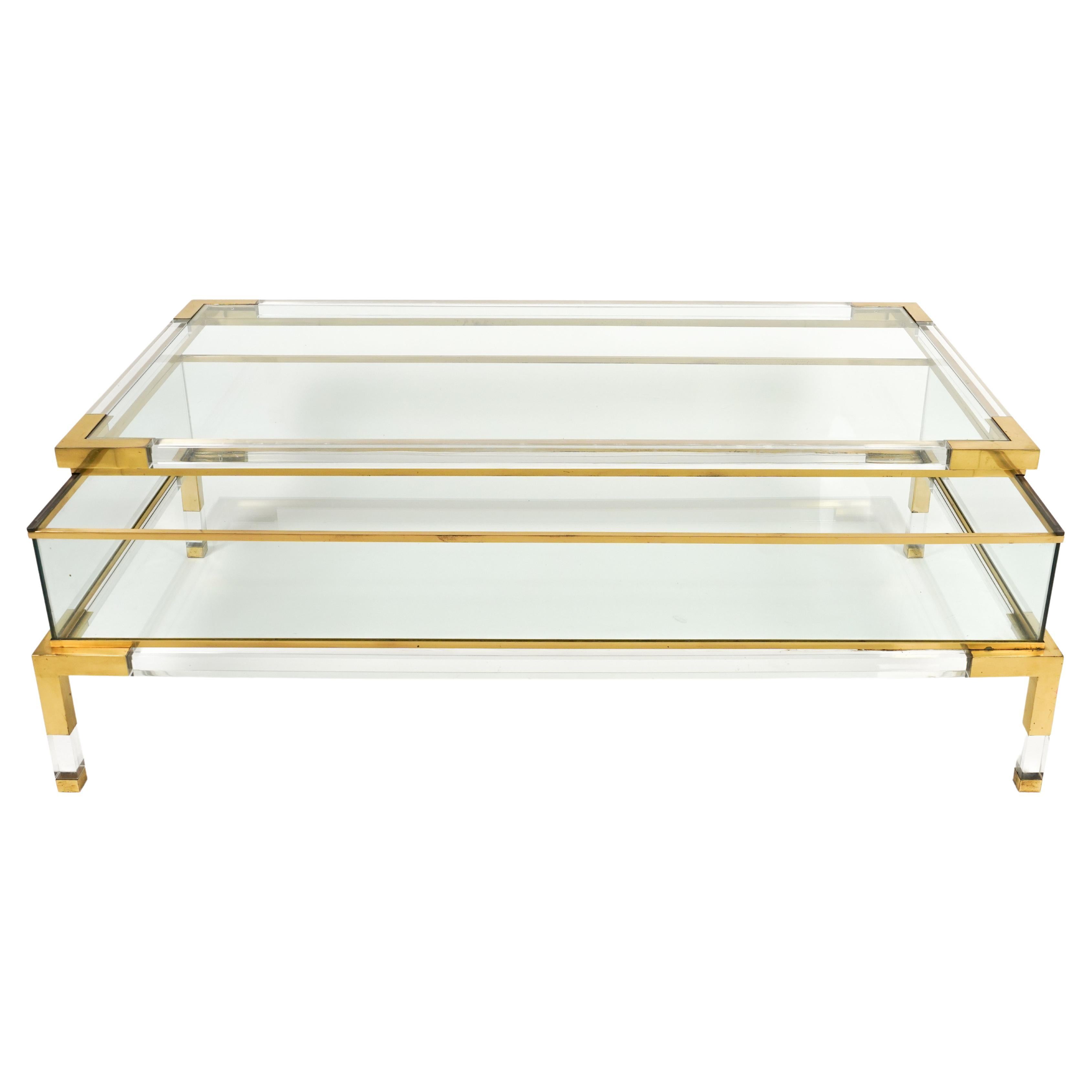 Midcentury Coffee Table in Lucite, Brass & Glass by Maison Jansen, France 1970s For Sale