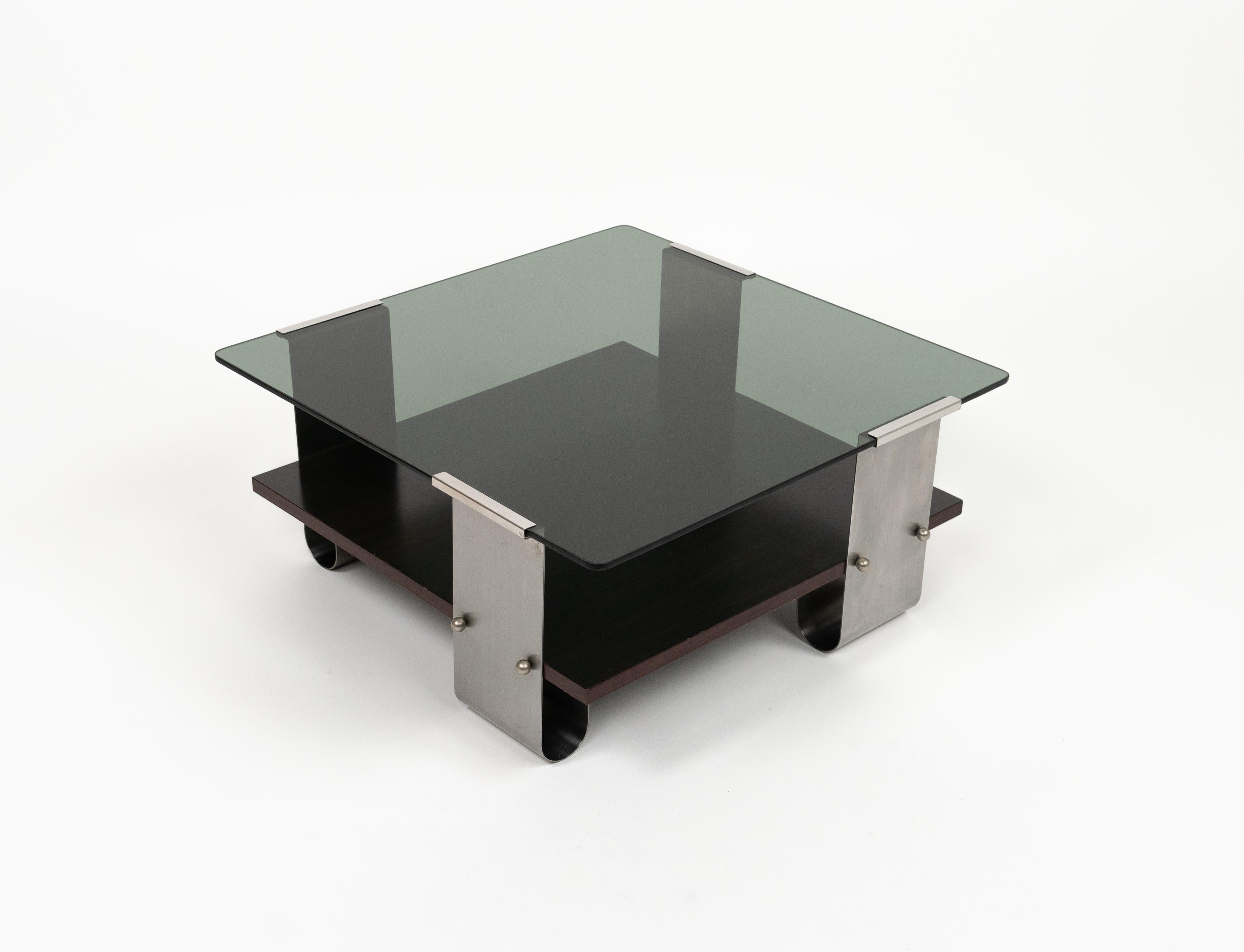 Midcentury Coffee Table in Steel, Wood & Glass by Francois Monnet, France, 1970s For Sale 4