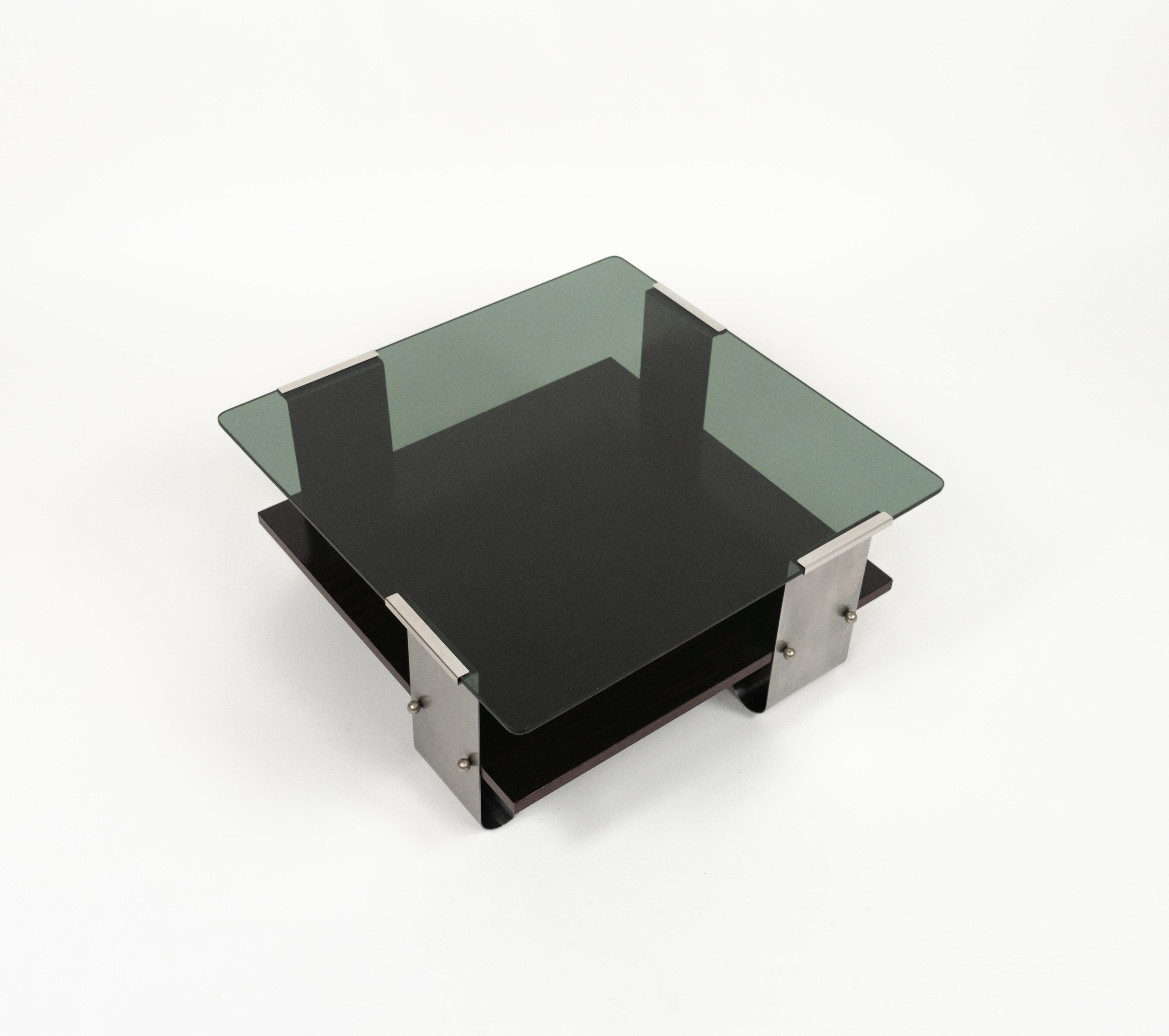 Midcentury Coffee Table in Steel, Wood & Glass by Francois Monnet, France, 1970s For Sale 5