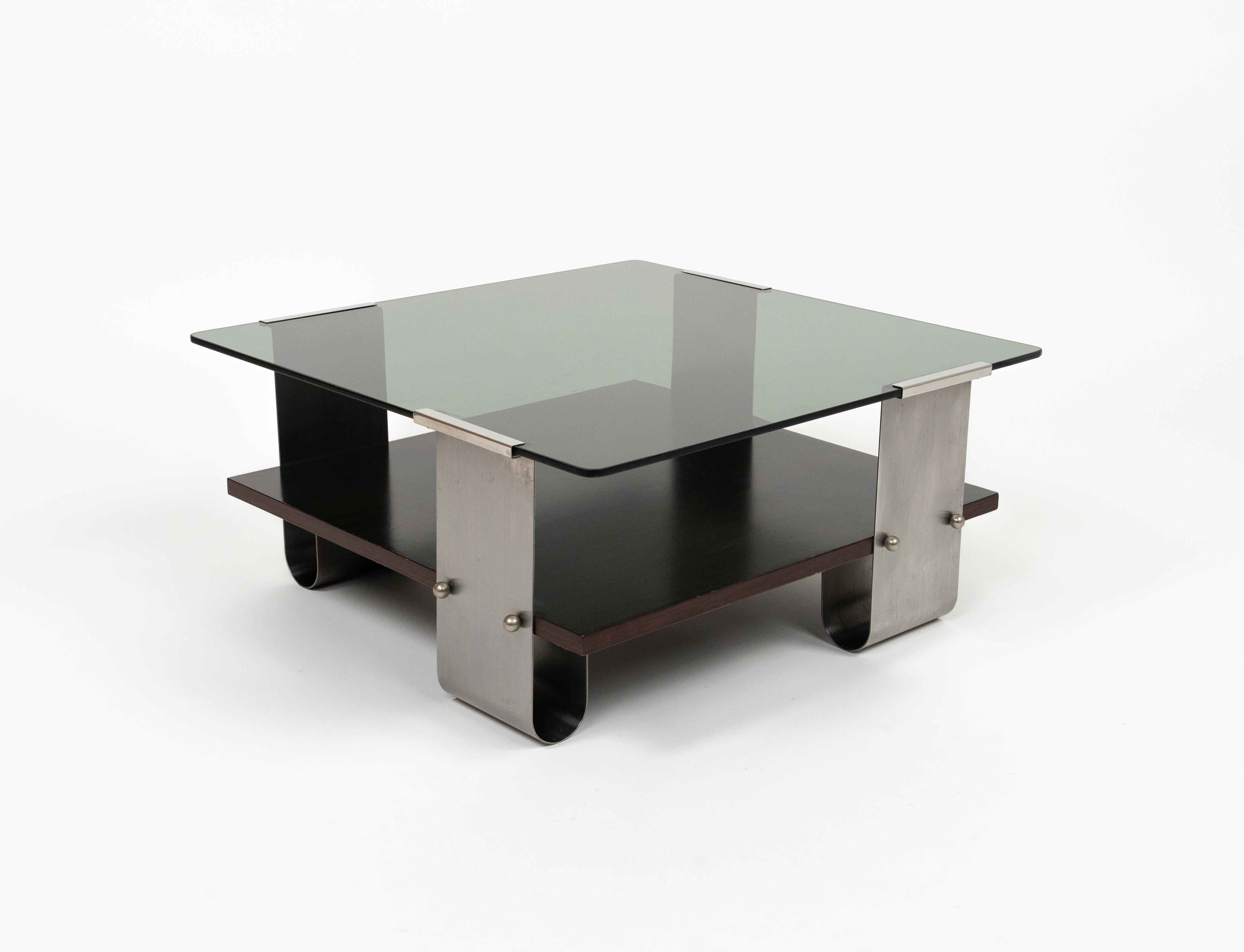 Midcentury Coffee Table in Steel, Wood & Glass by Francois Monnet, France, 1970s For Sale 6