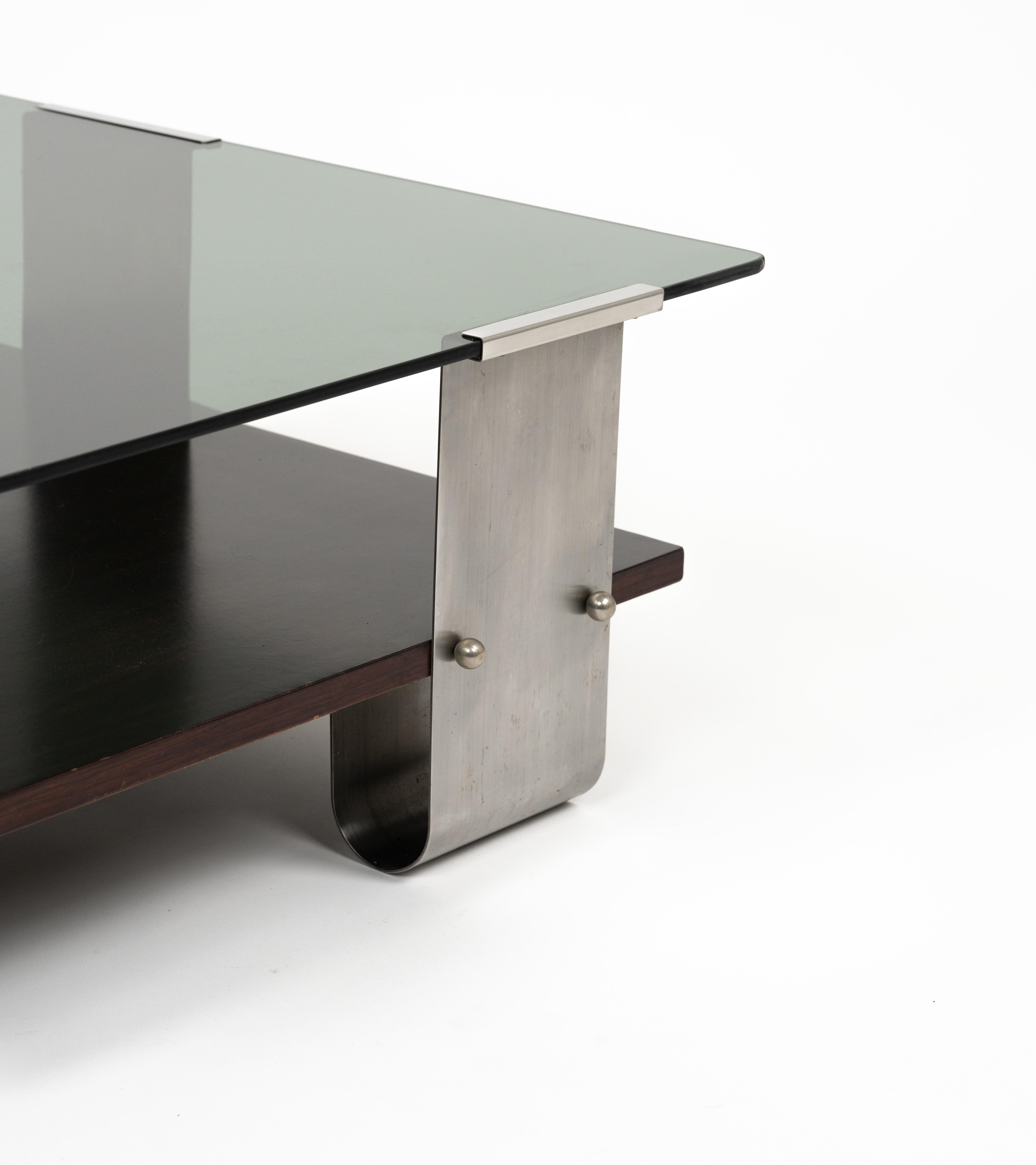 Midcentury Coffee Table in Steel, Wood & Glass by Francois Monnet, France, 1970s For Sale 7