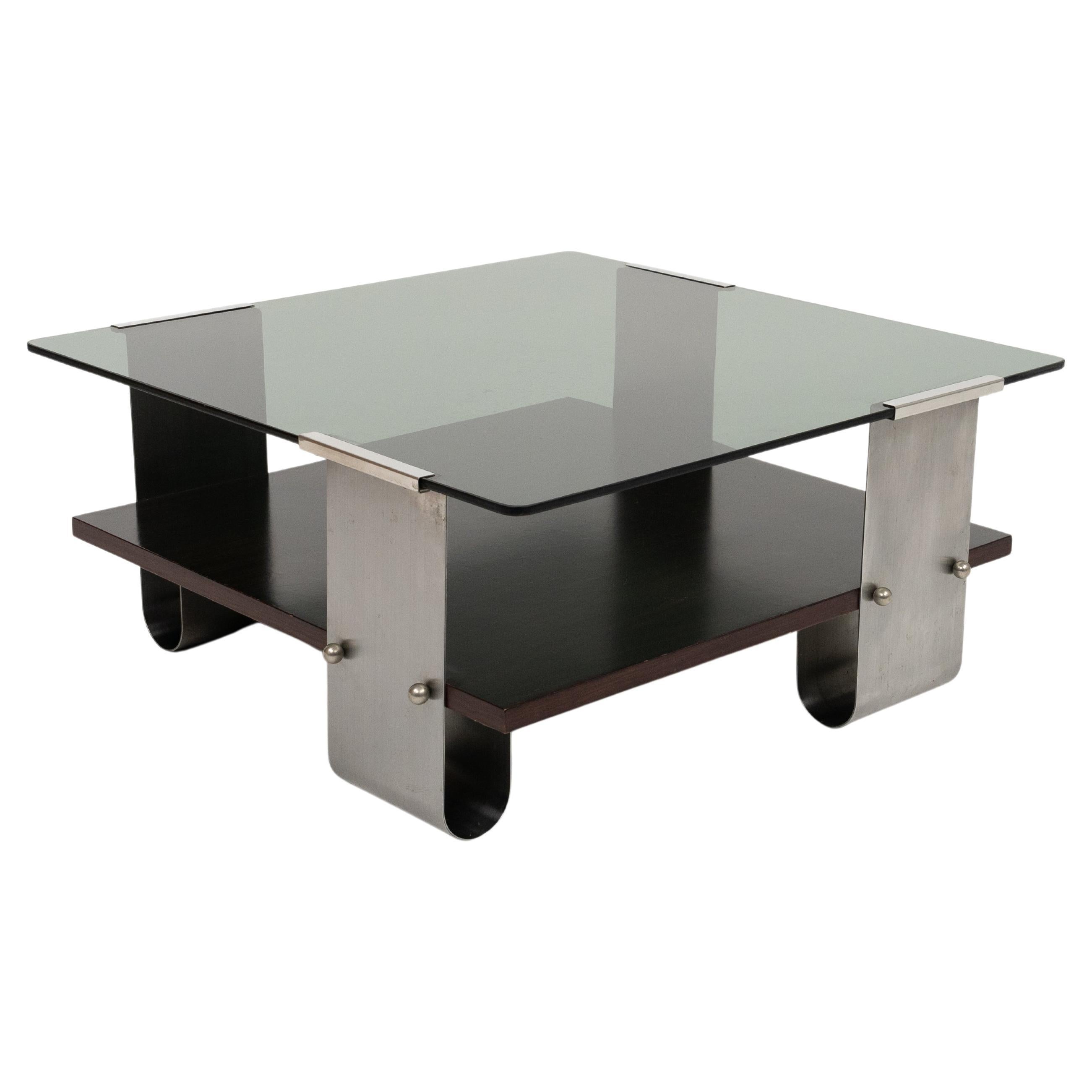 Midcentury Coffee Table in Steel, Wood & Glass by Francois Monnet, France, 1970s For Sale 9