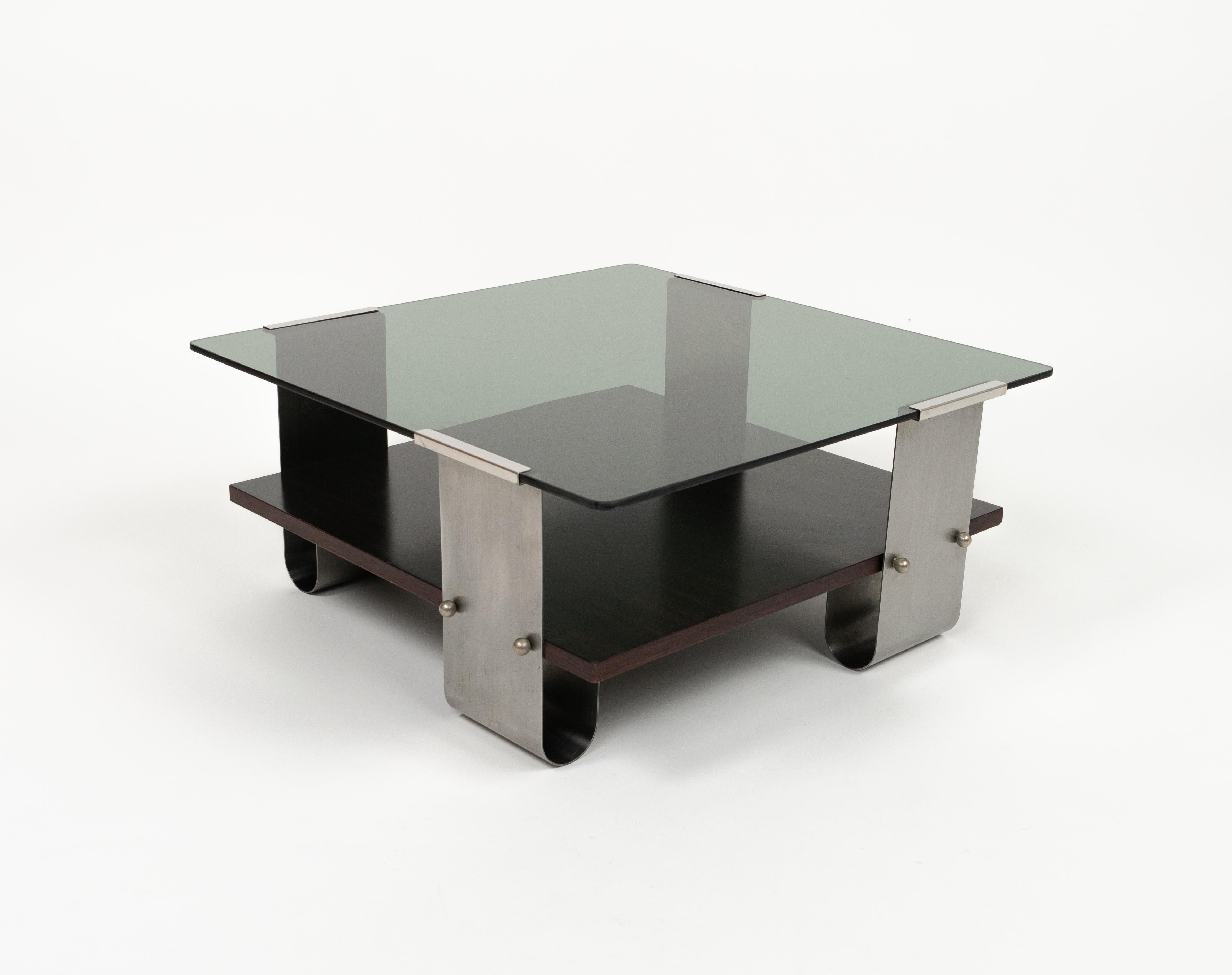 Mid-Century Modern Midcentury Coffee Table in Steel, Wood & Glass by Francois Monnet, France, 1970s For Sale