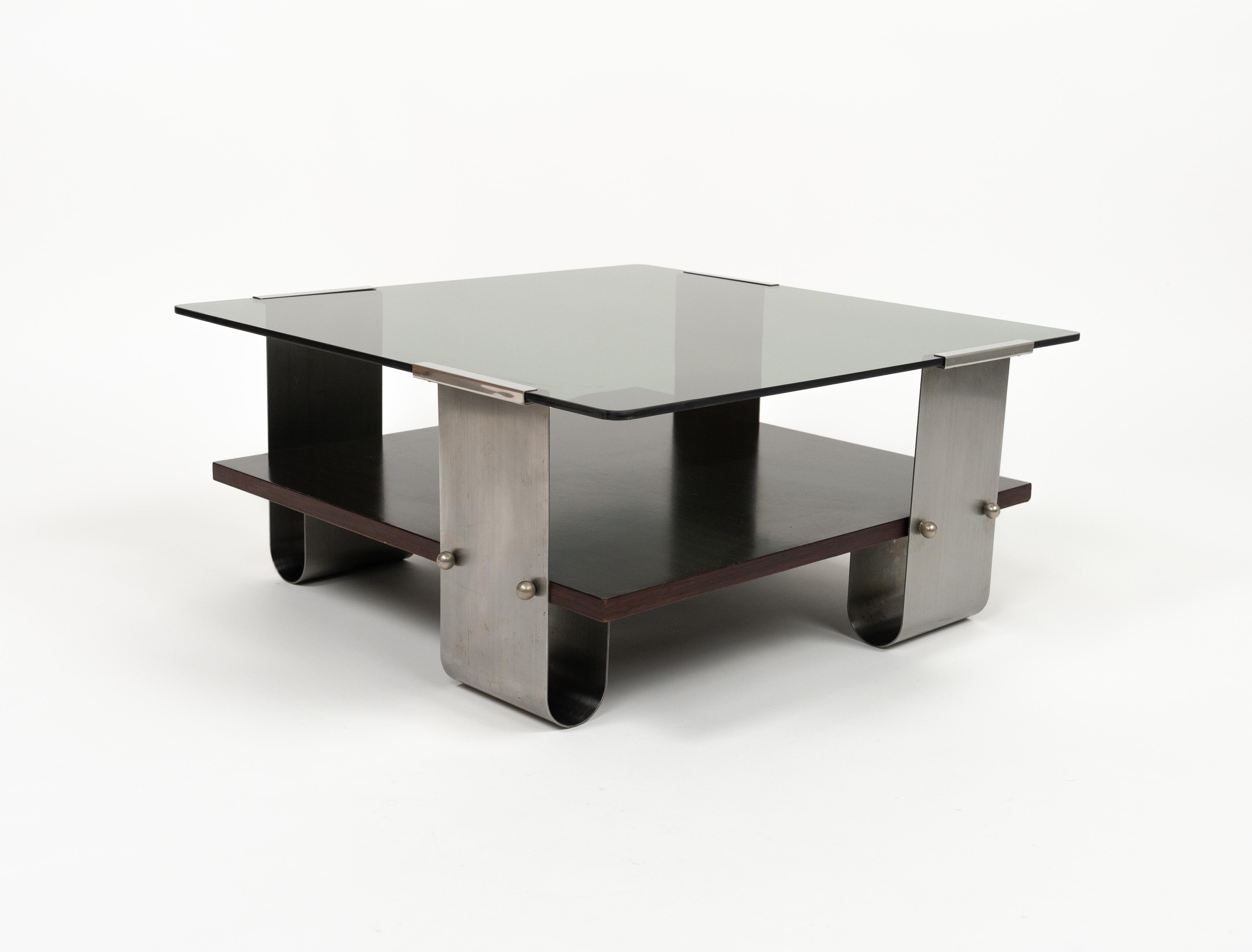 French Midcentury Coffee Table in Steel, Wood & Glass by Francois Monnet, France, 1970s For Sale