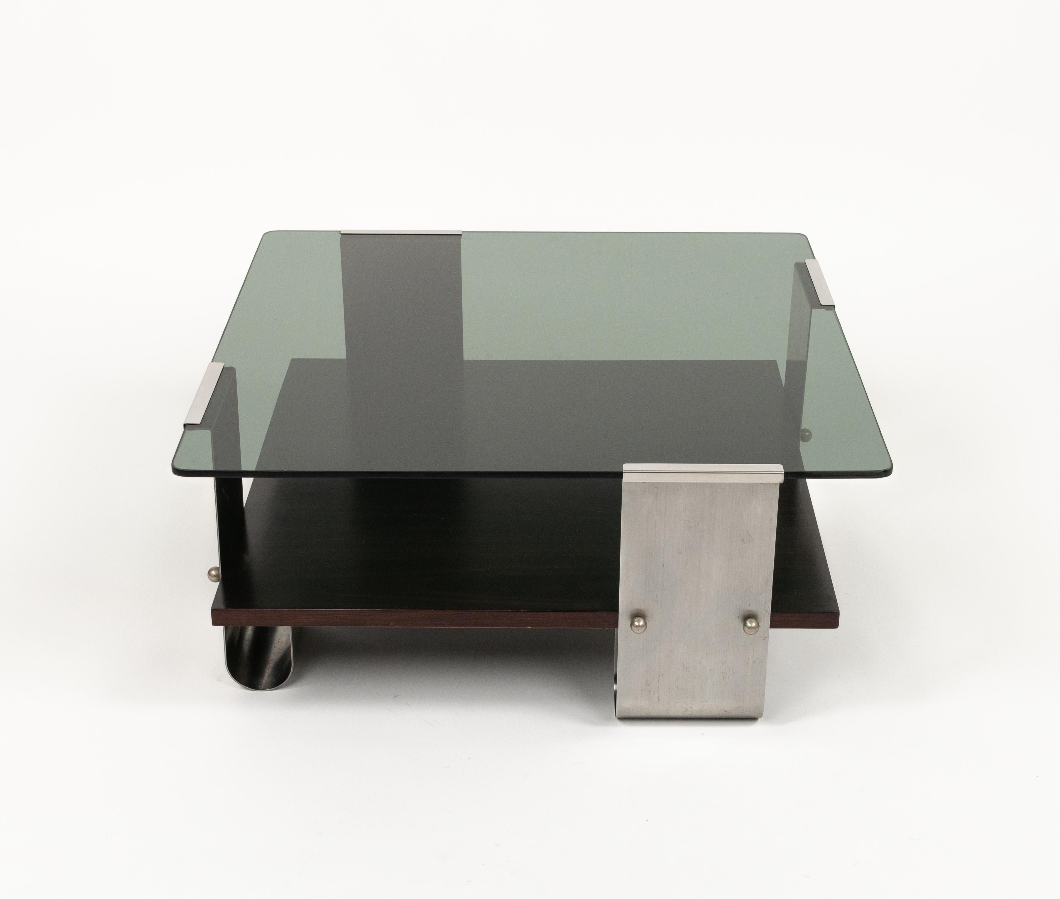 Polished Midcentury Coffee Table in Steel, Wood & Glass by Francois Monnet, France, 1970s For Sale