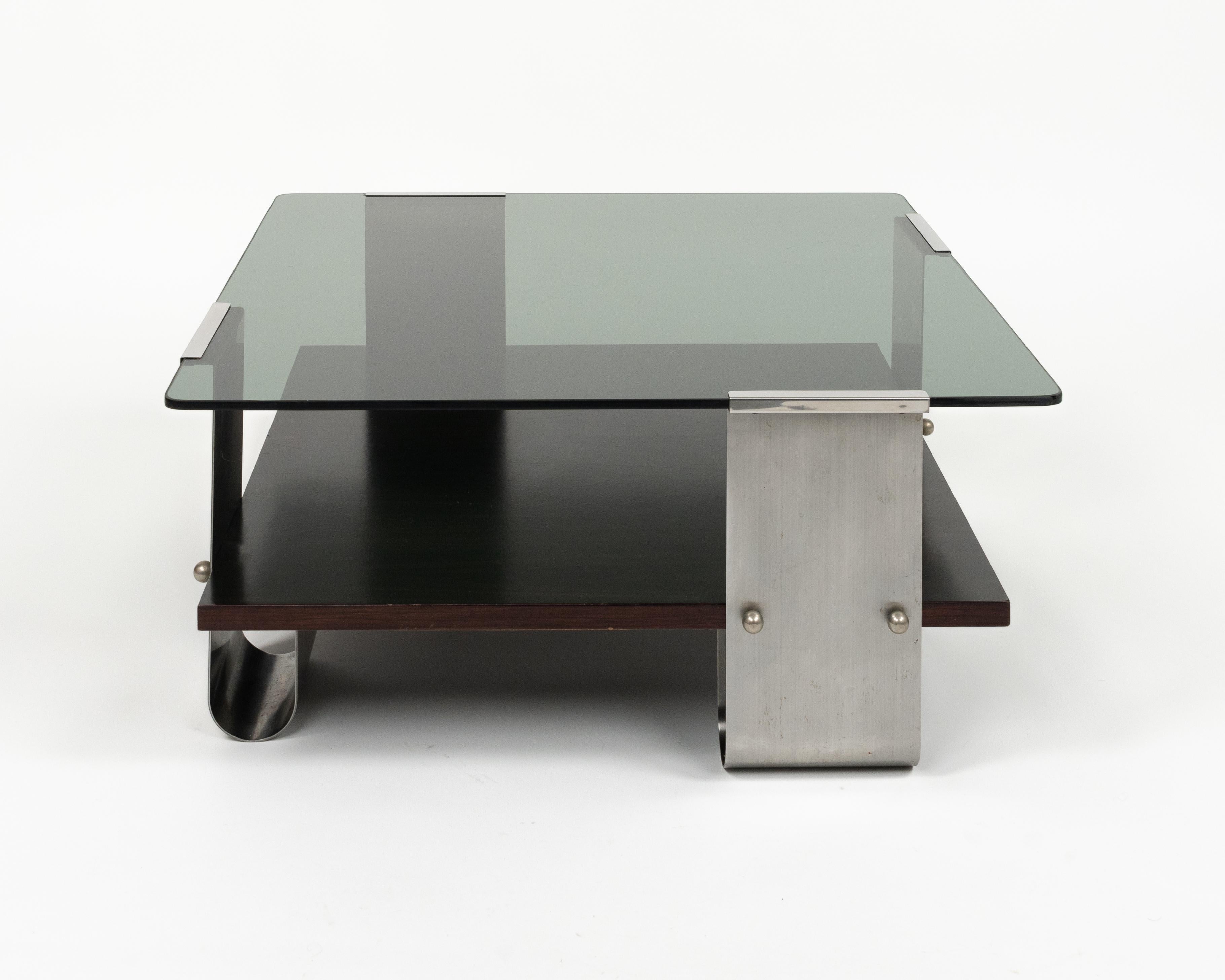 Late 20th Century Midcentury Coffee Table in Steel, Wood & Glass by Francois Monnet, France, 1970s For Sale