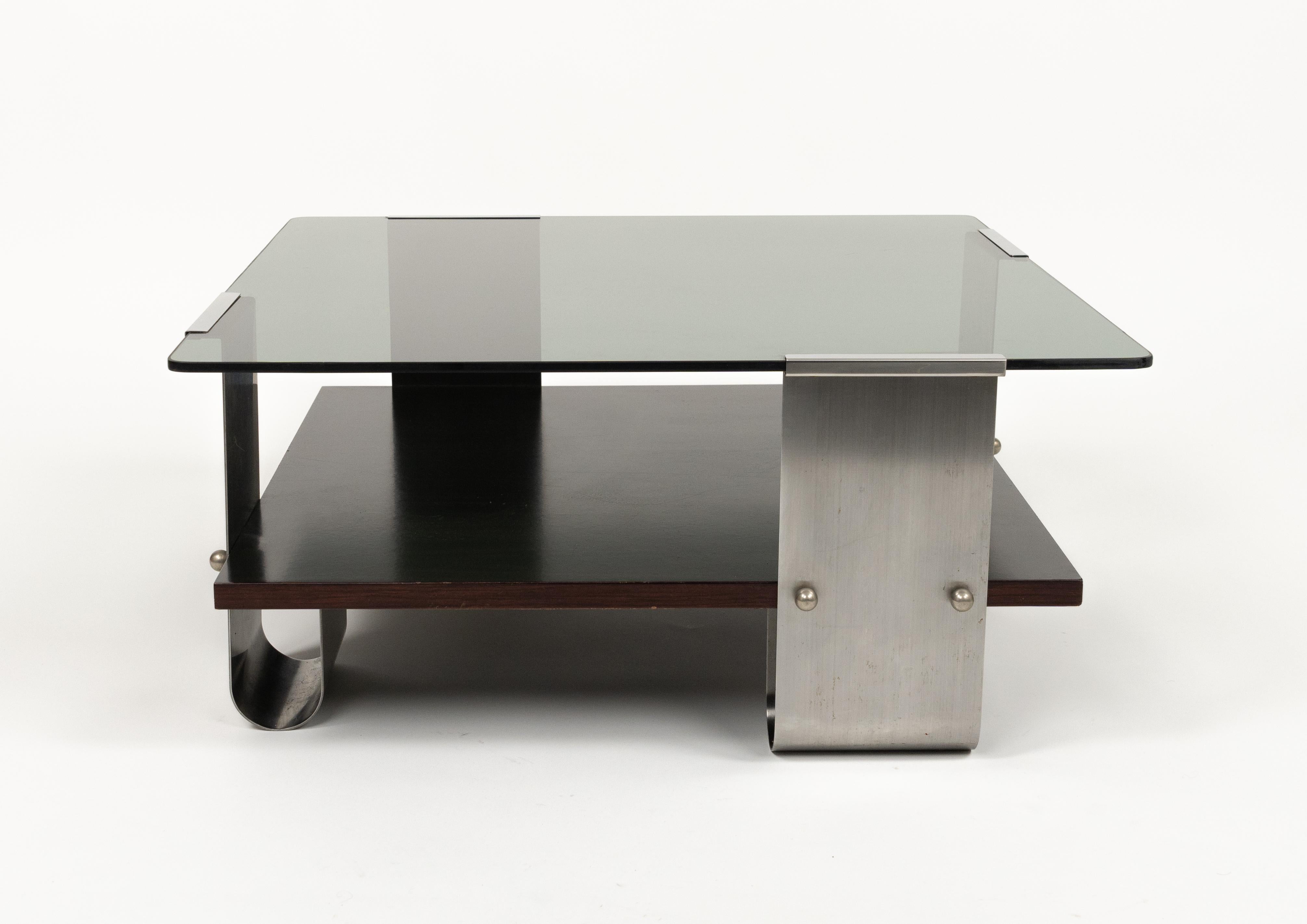 Metal Midcentury Coffee Table in Steel, Wood & Glass by Francois Monnet, France, 1970s For Sale