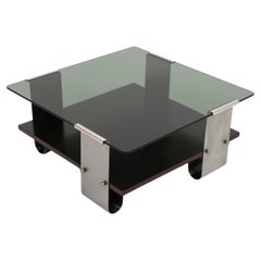 Midcentury Coffee Table in Steel, Wood & Glass by Francois Monnet, France, 1970s