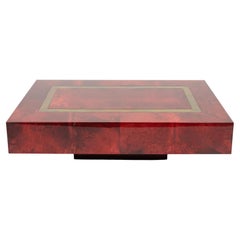 Midcentury Coffee Table in Wood, Red Goatskin & Brass by Aldo Tura, Italy 1960s