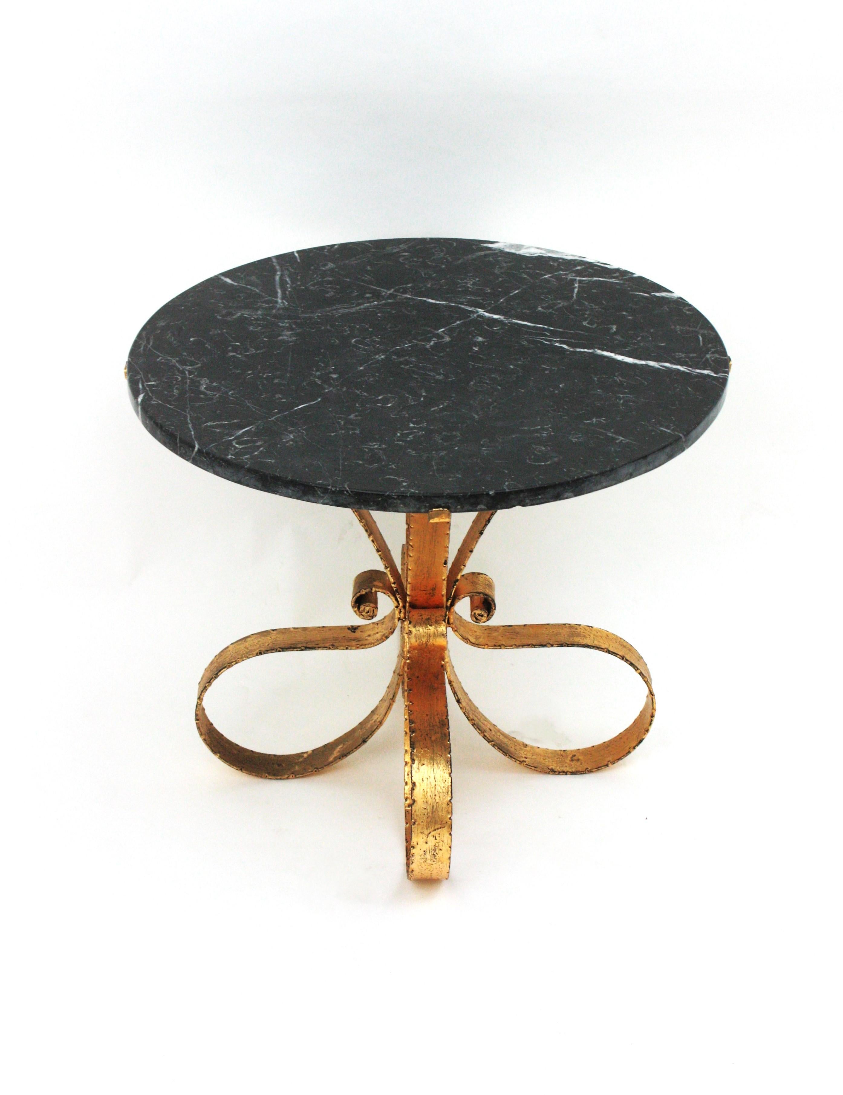 Midcentury Coffee Table with Black Marble Top and Hand Forged Gilt Iron For Sale 10