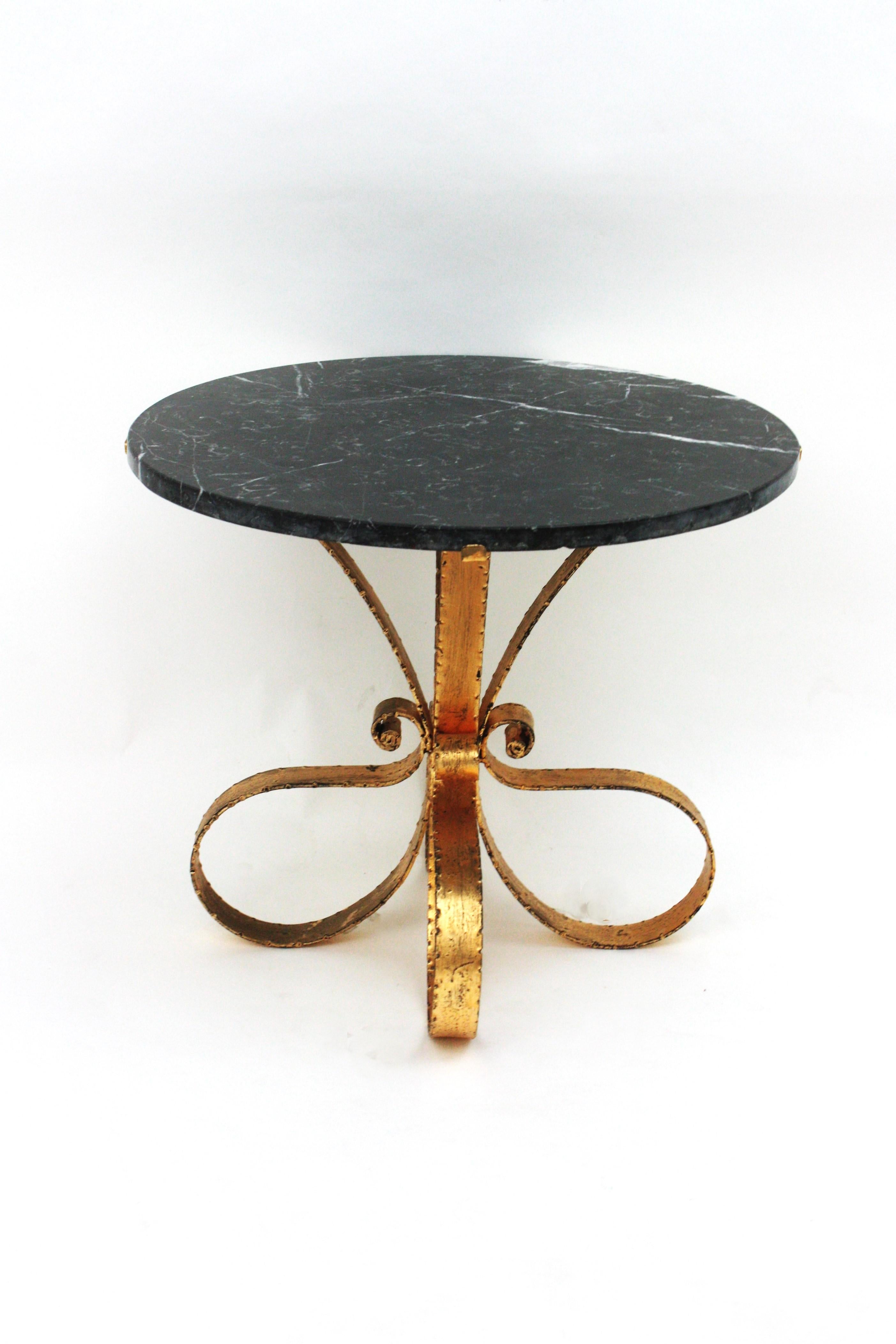 Midcentury Coffee Table with Black Marble Top and Hand Forged Gilt Iron For Sale 11