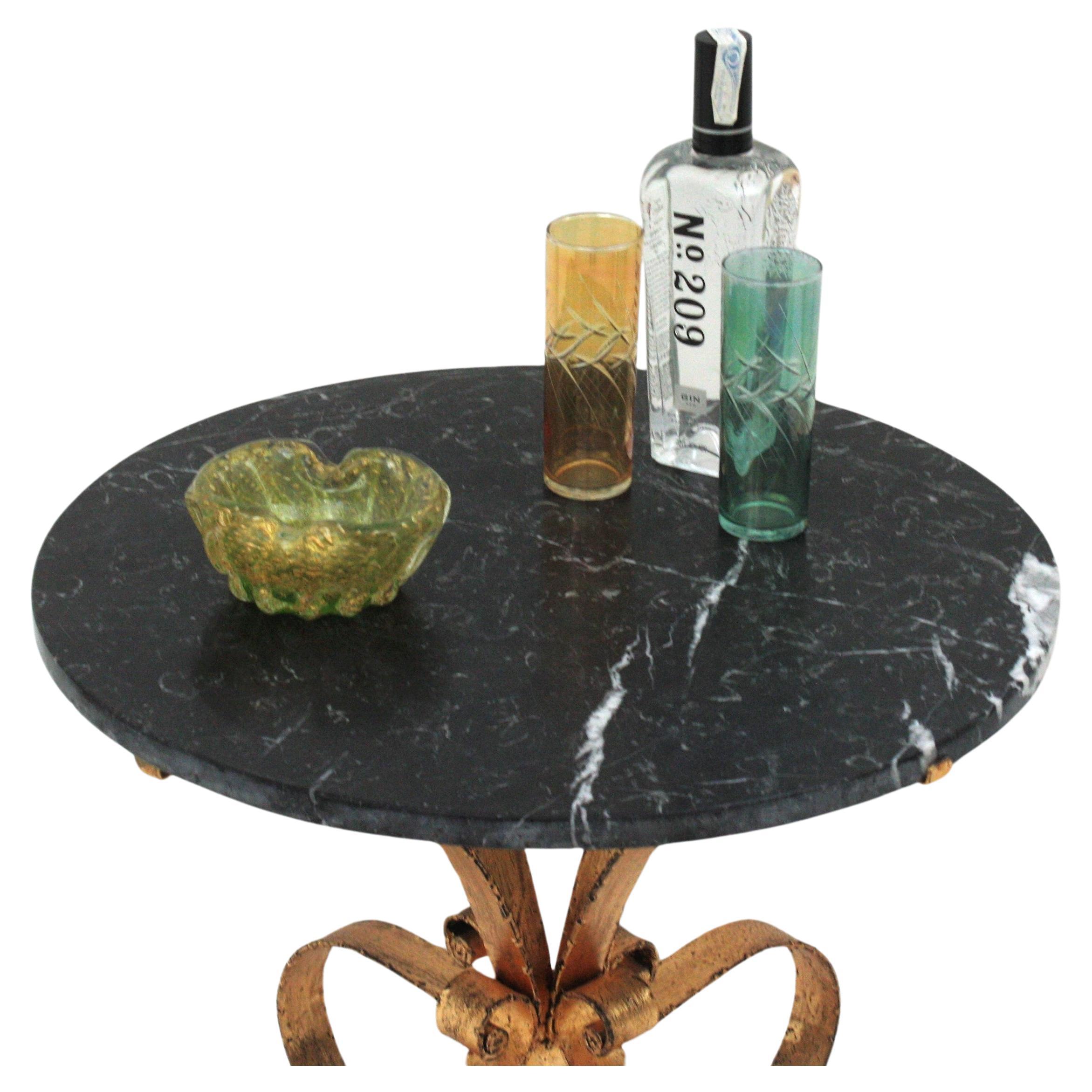 Spanish Midcentury Coffee Table with Black Marble Top and Hand Forged Gilt Iron For Sale