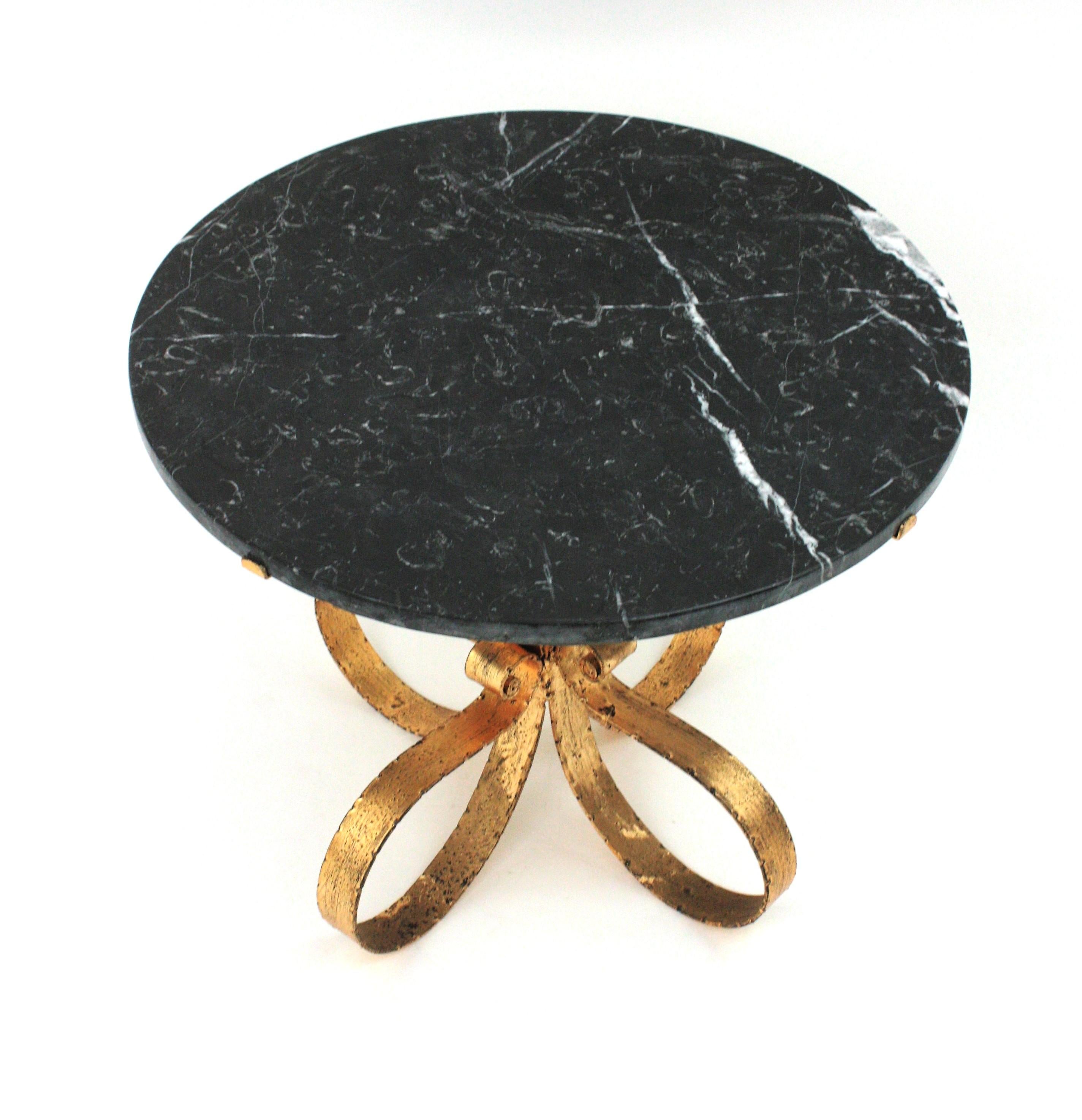 Midcentury Coffee Table with Black Marble Top and Hand Forged Gilt Iron For Sale 1
