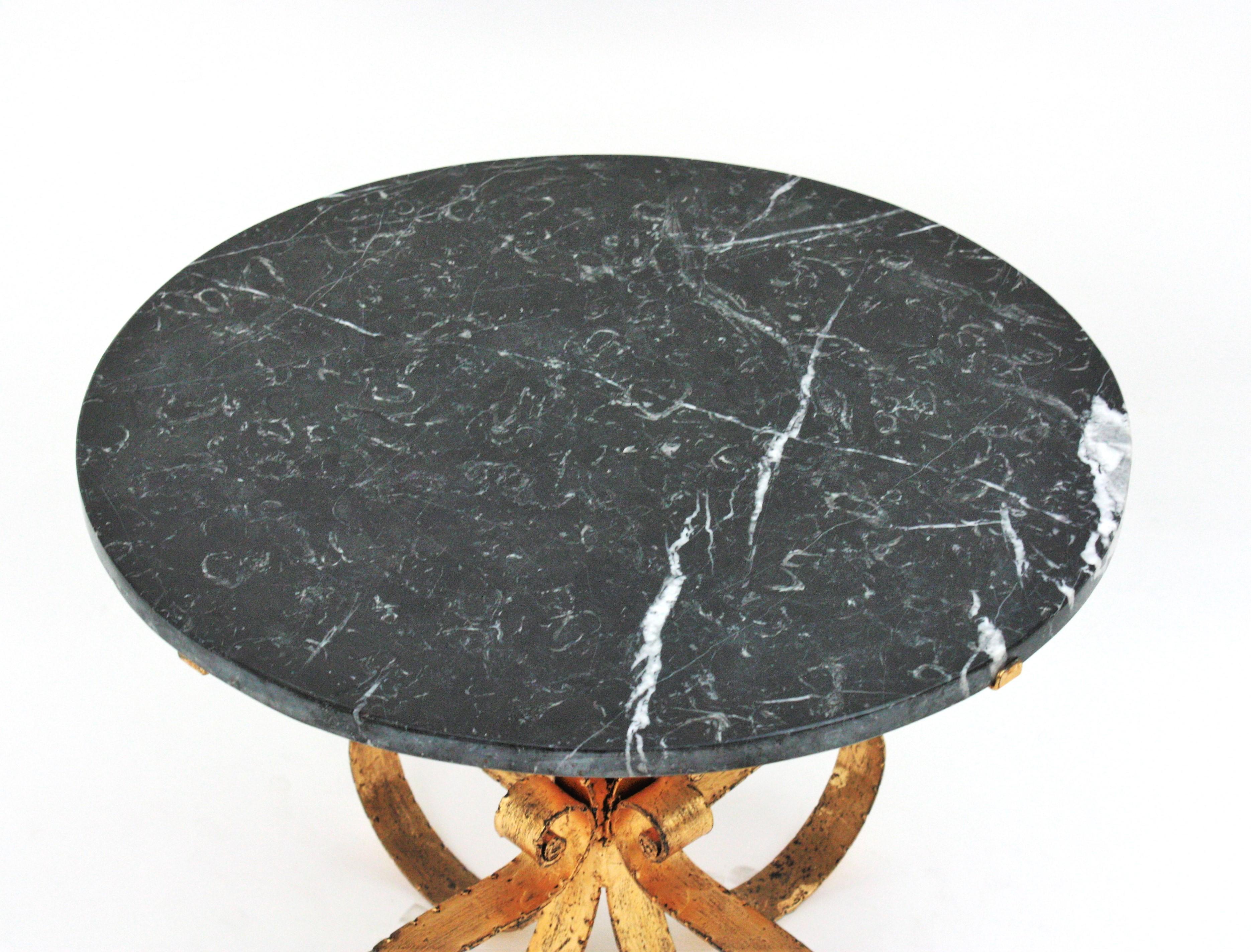 Midcentury Coffee Table with Black Marble Top and Hand Forged Gilt Iron For Sale 3