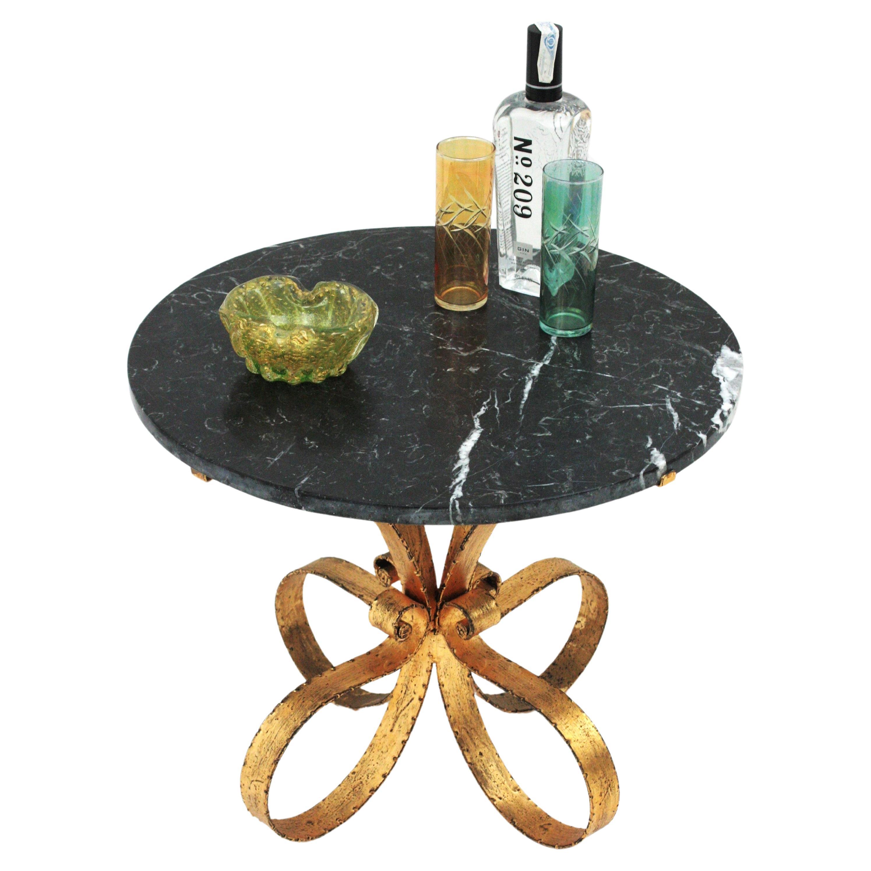 Midcentury Coffee Table with Black Marble Top and Hand Forged Gilt Iron