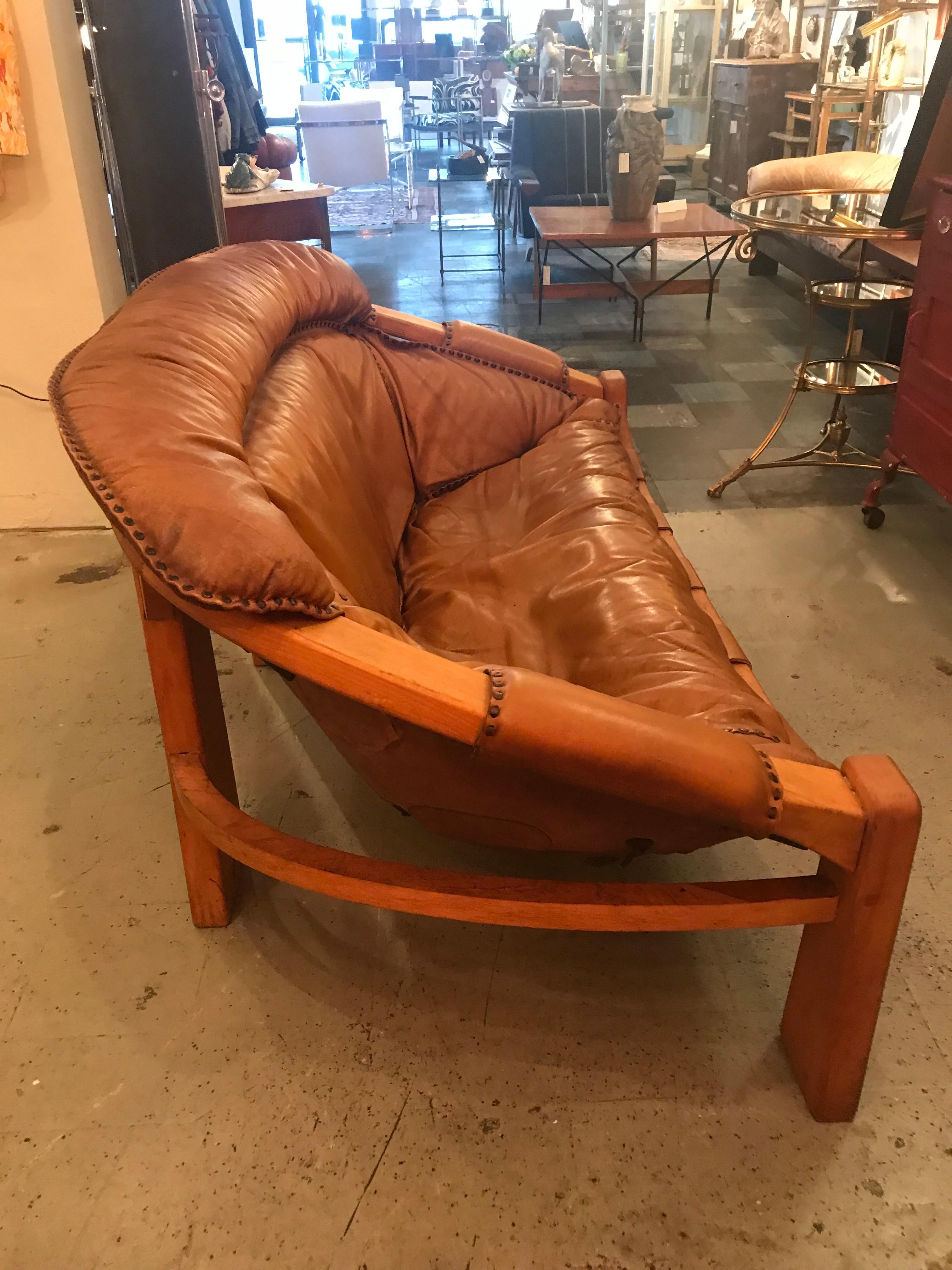 Unknown Midcentury Cognac Brown Leather Sofa For Sale