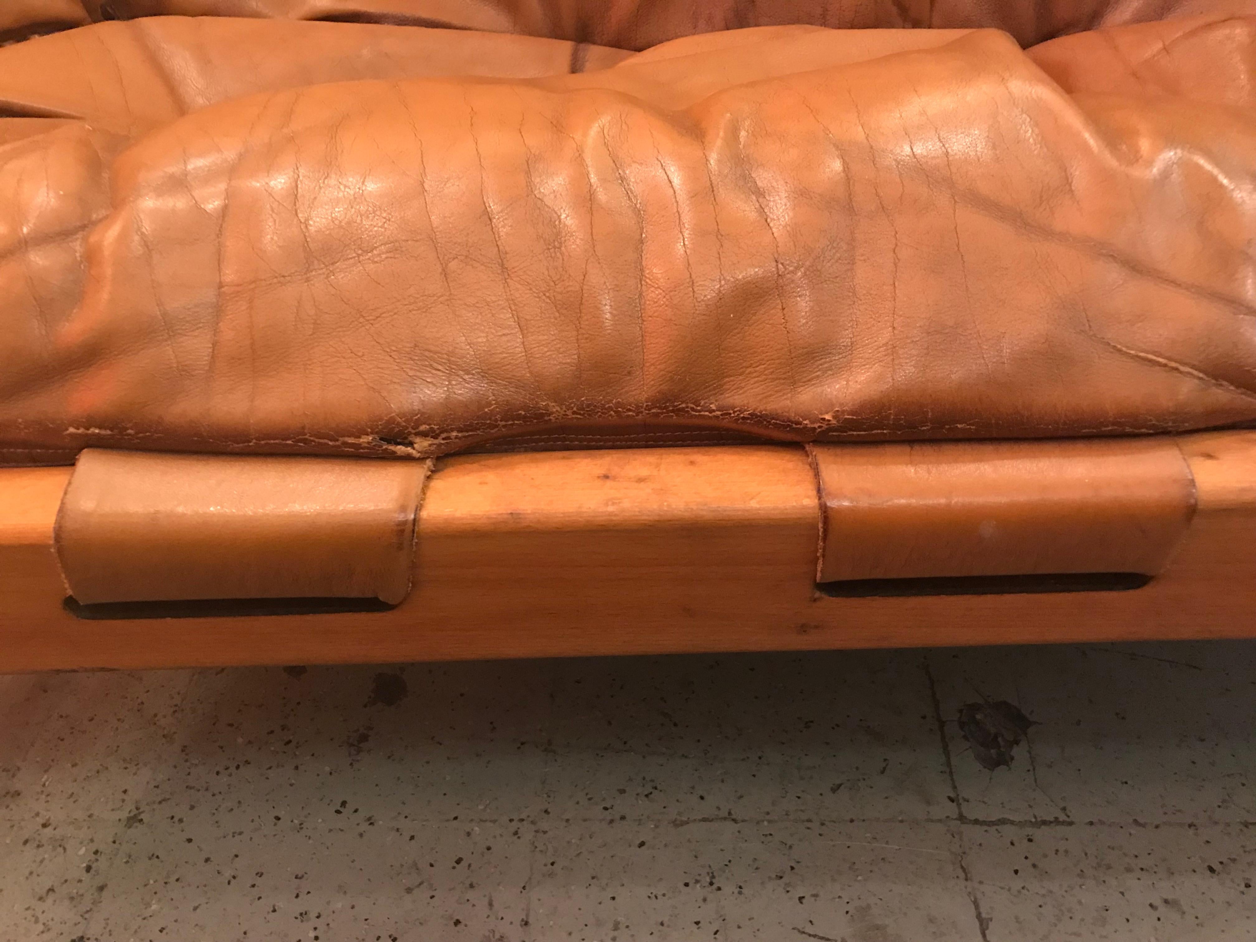 Midcentury Cognac Brown Leather Sofa In Good Condition For Sale In Seattle, WA