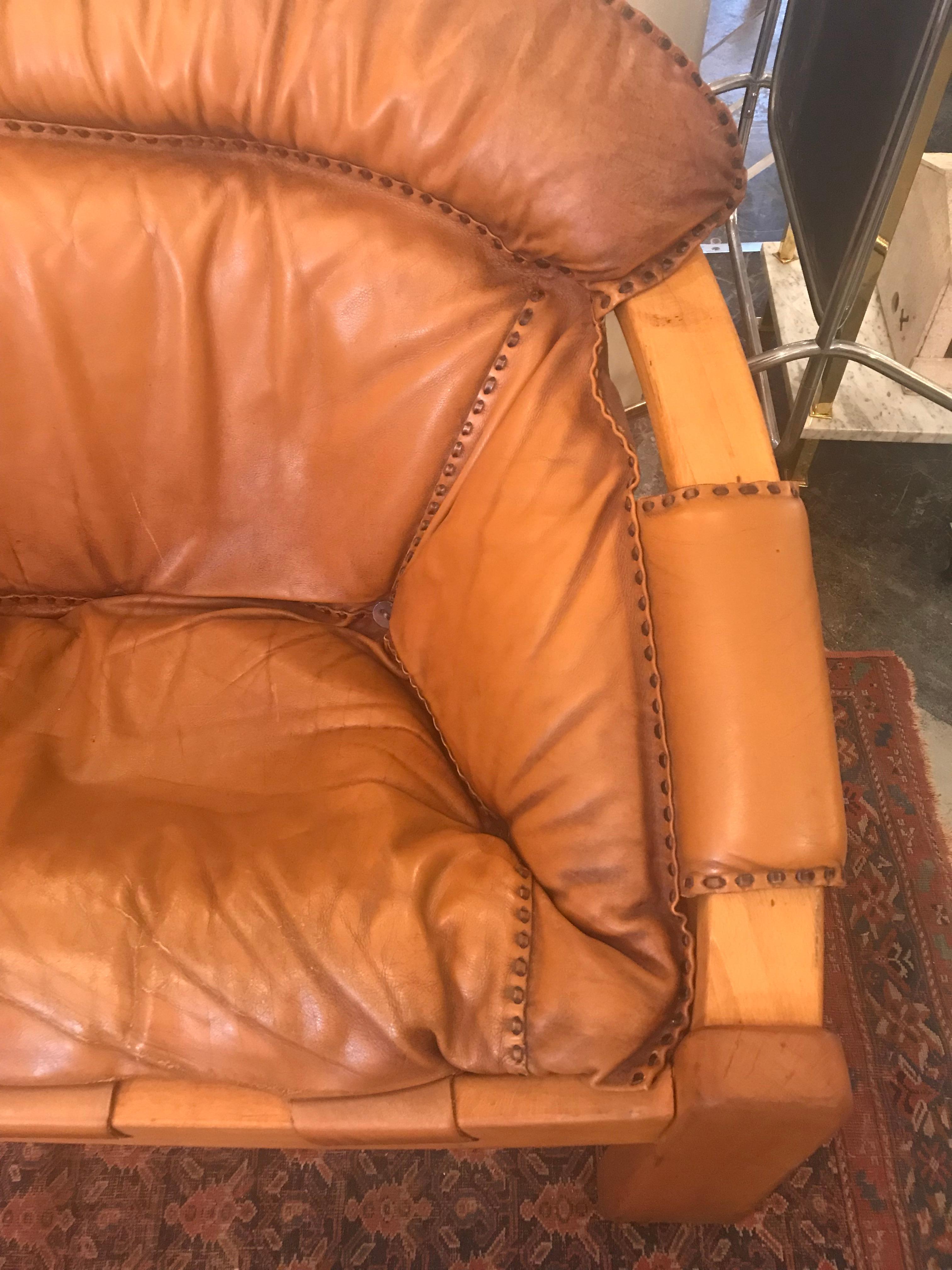 20th Century Midcentury Cognac Brown Leather Sofa For Sale
